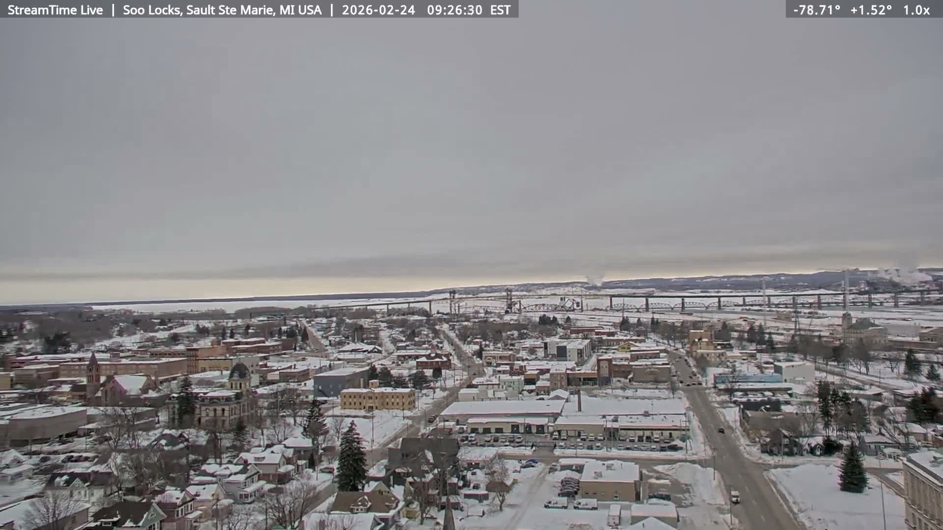 USA - Canada Border, Sault Ste. Marie USA / Sault Ste. Marie Canada Cities & St. Marys River Panoramic Live Cam - Sault Ste. Marie, Chippewa, Michigan, USA