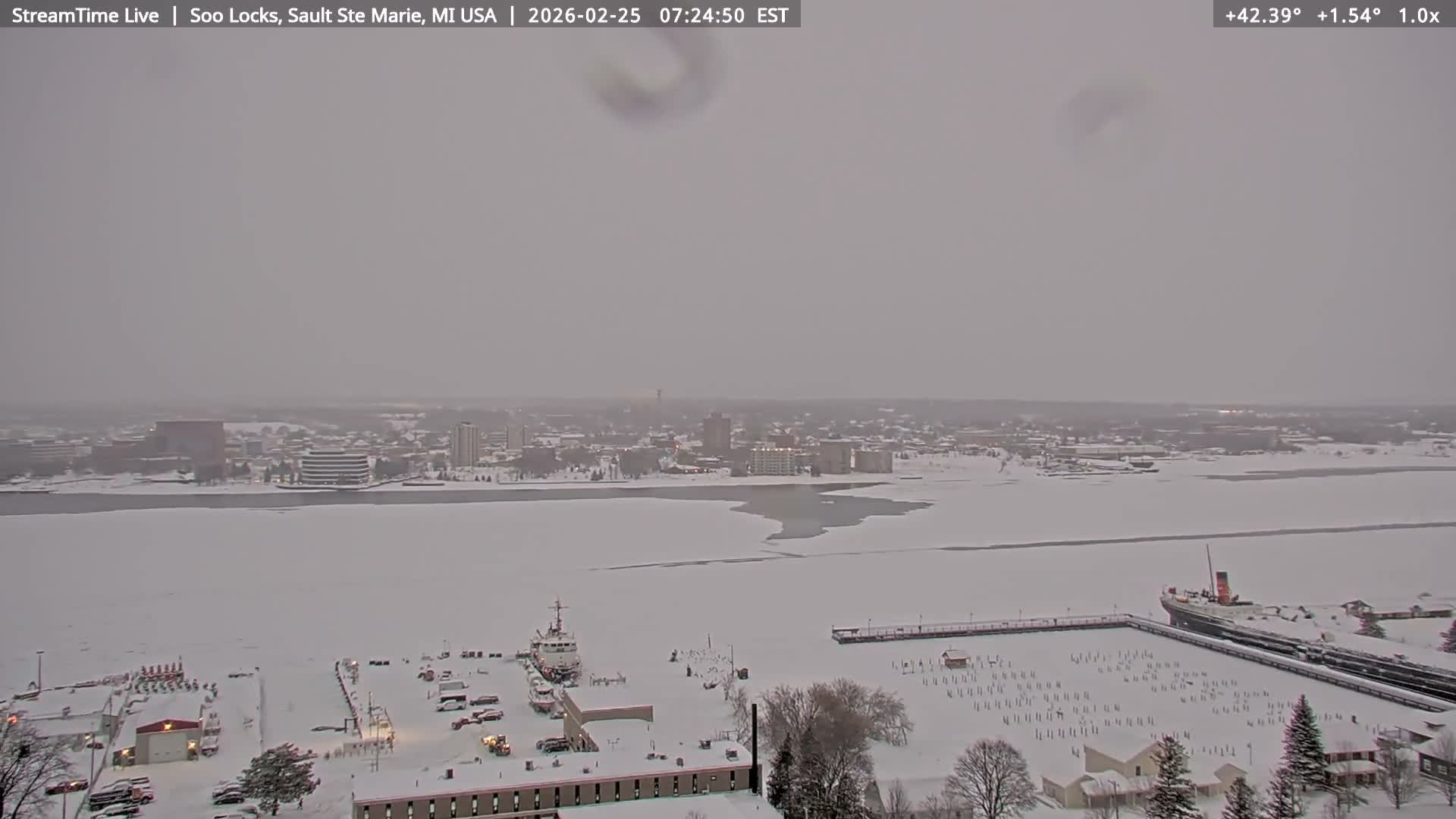 USA - Canada Border, Sault Ste. Marie USA / Sault Ste. Marie Canada Cities & St. Marys River Panoramic Live Cam - Sault Ste. Marie, Chippewa, Michigan, USA