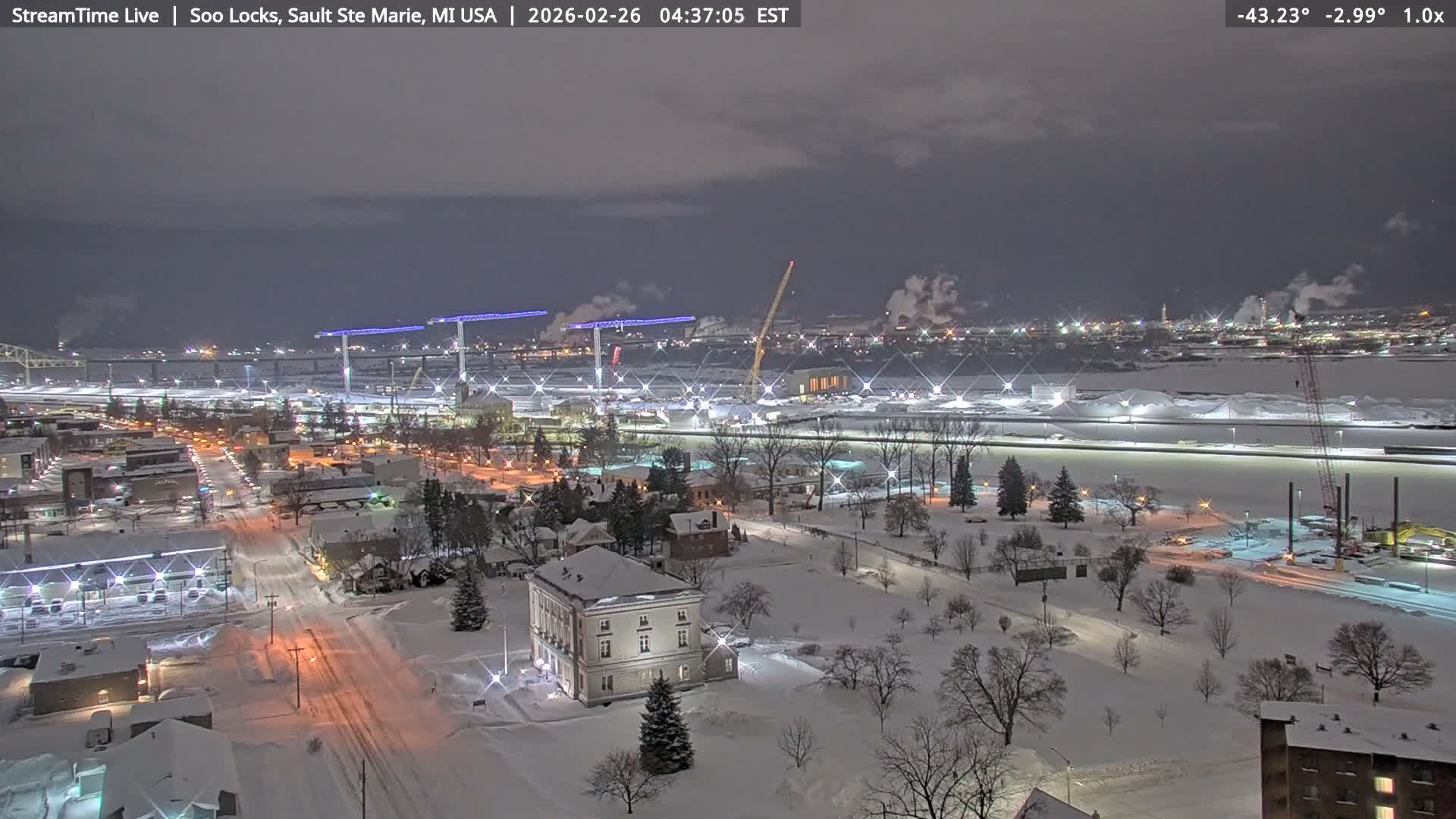 USA - Canada Border, Sault Ste. Marie USA / Sault Ste. Marie Canada Cities & St. Marys River Panoramic Live Cam - Sault Ste. Marie, Chippewa, Michigan, USA