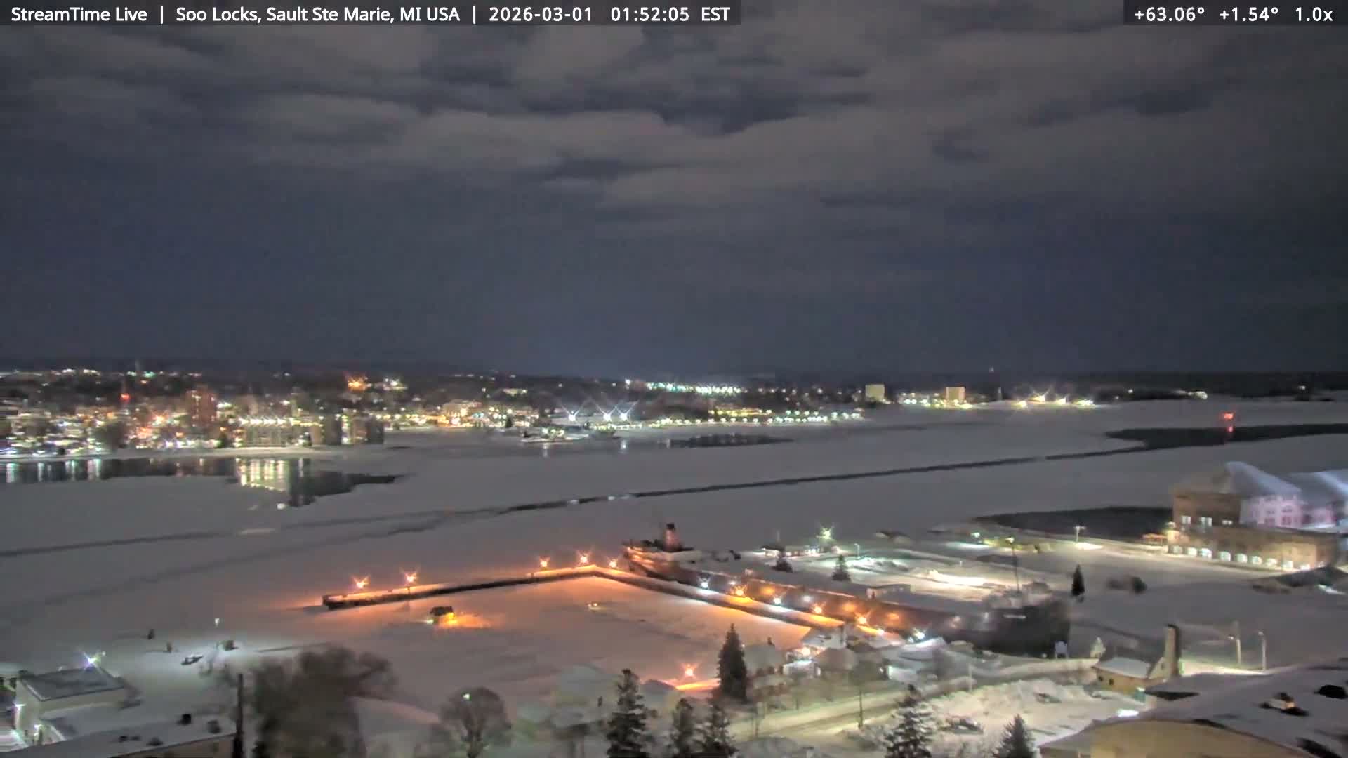USA - Canada Border, Sault Ste. Marie USA / Sault Ste. Marie Canada Cities & St. Marys River Panoramic Live Cam - Sault Ste. Marie, Chippewa, Michigan, USA
