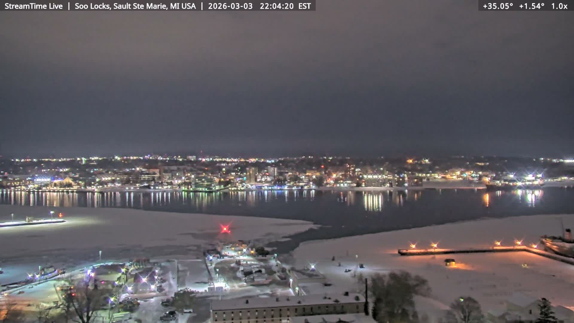 USA - Canada Border, Sault Ste. Marie USA / Sault Ste. Marie Canada Cities & St. Marys River Panoramic Live Cam - Sault Ste. Marie, Chippewa, Michigan, USA