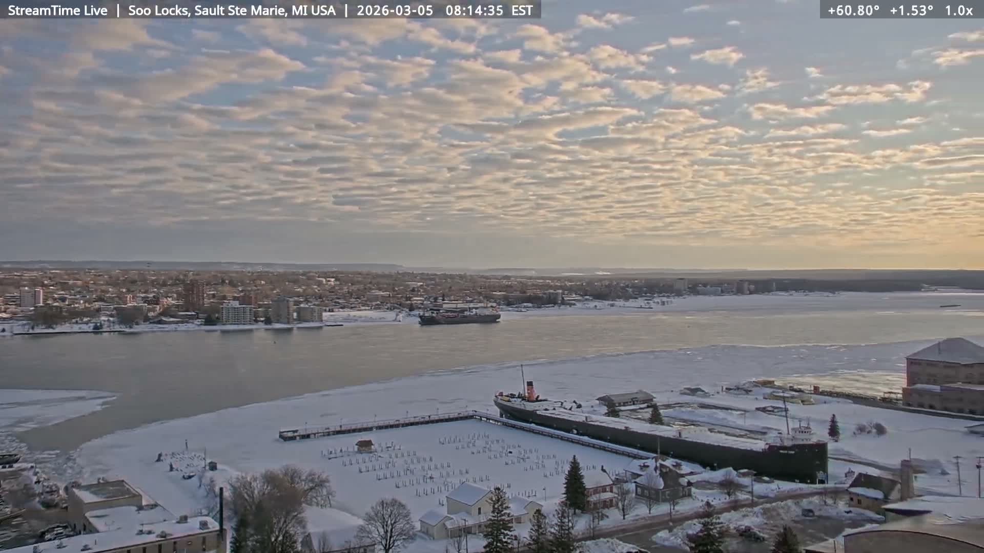 USA - Canada Border, Sault Ste. Marie USA / Sault Ste. Marie Canada Cities & St. Marys River Panoramic Live Cam - Sault Ste. Marie, Chippewa, Michigan, USA