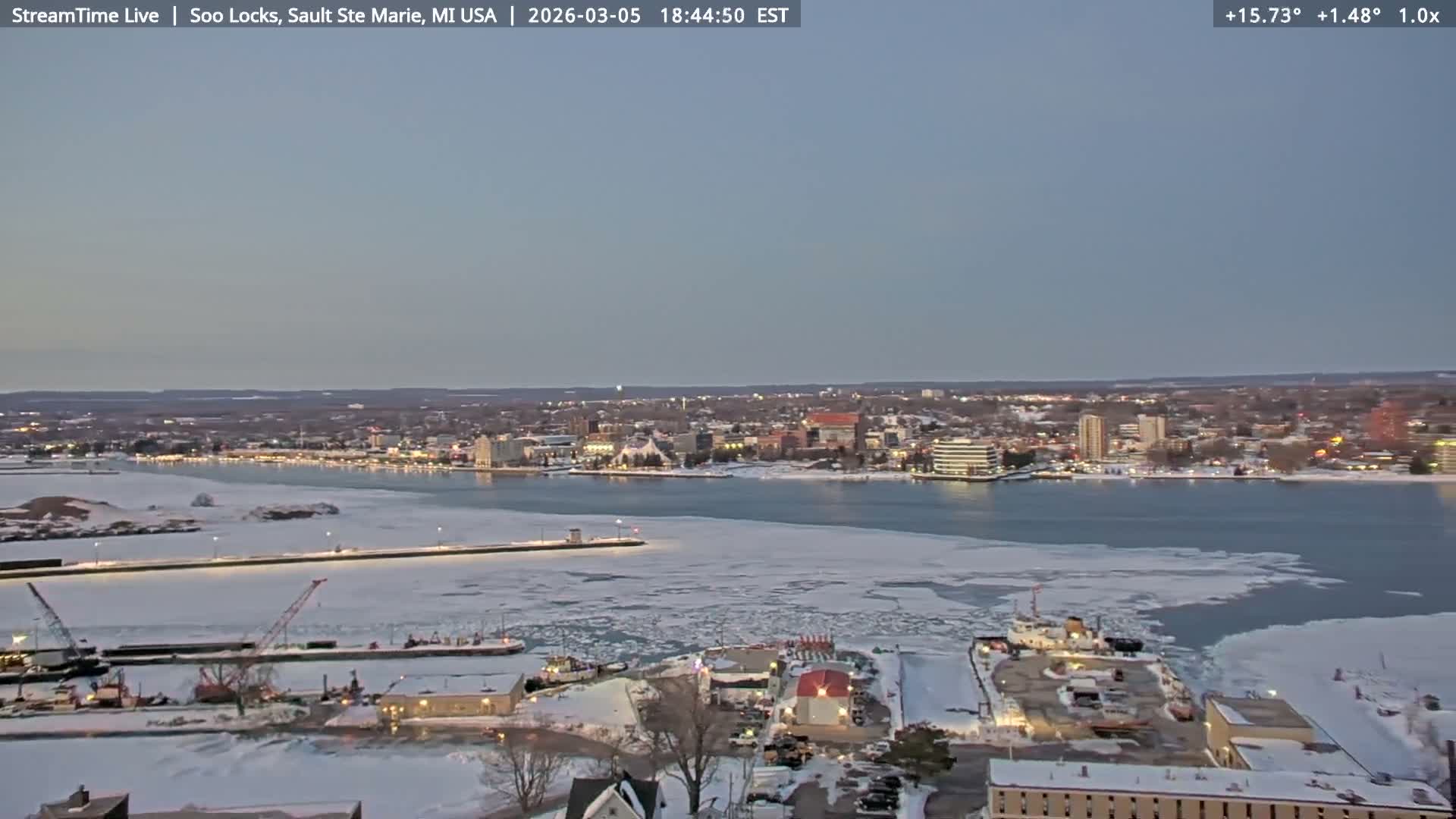 USA - Canada Border, Sault Ste. Marie USA / Sault Ste. Marie Canada Cities & St. Marys River Panoramic Live Cam - Sault Ste. Marie, Chippewa, Michigan, USA