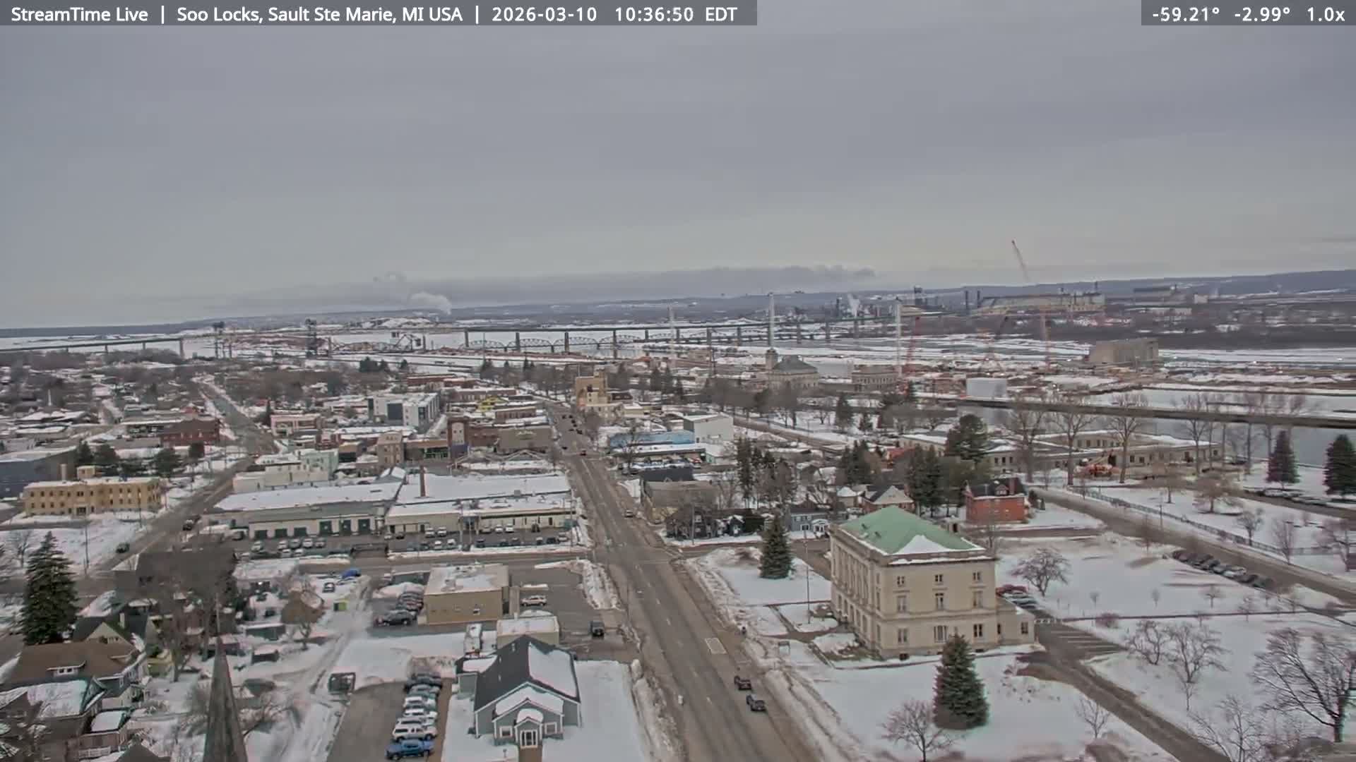 USA - Canada Border, Sault Ste. Marie USA / Sault Ste. Marie Canada Cities & St. Marys River Panoramic Live Cam - Sault Ste. Marie, Chippewa, Michigan, USA