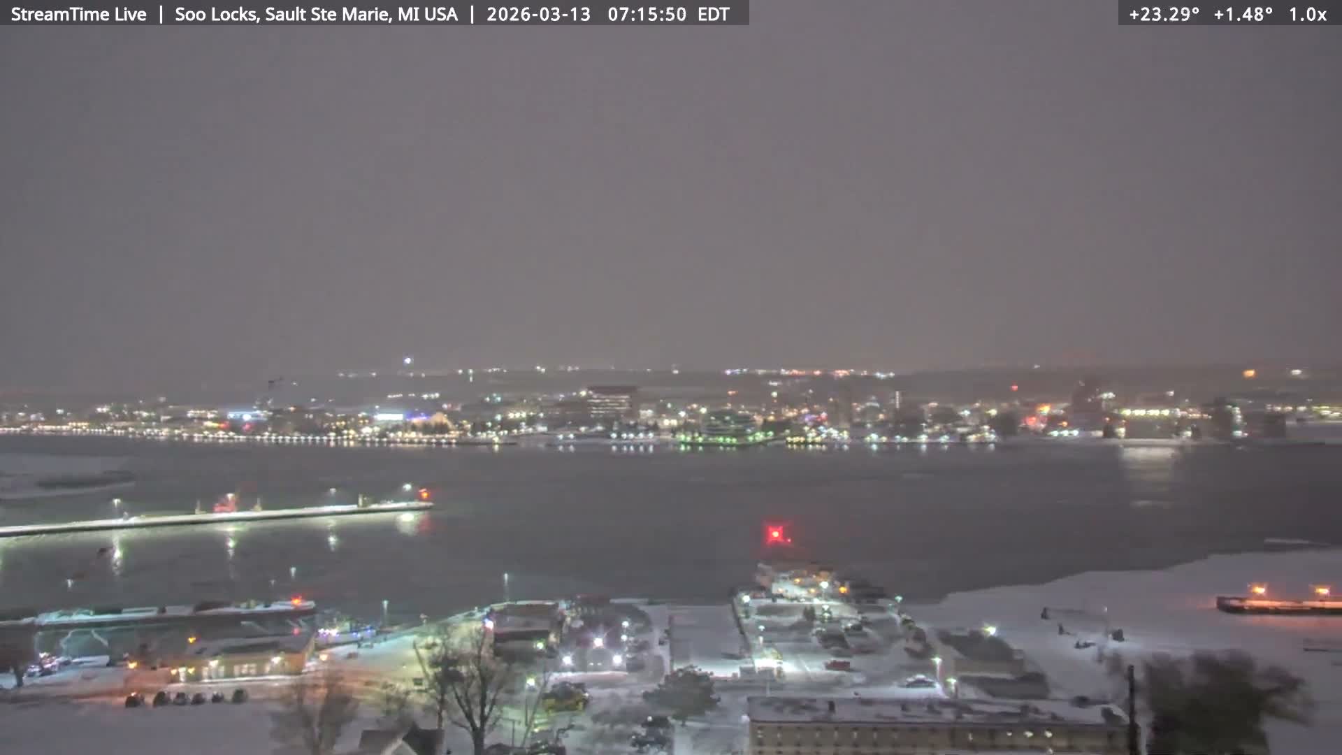 USA - Canada Border, Sault Ste. Marie USA / Sault Ste. Marie Canada Cities & St. Marys River Panoramic Live Cam - Sault Ste. Marie, Chippewa, Michigan, USA