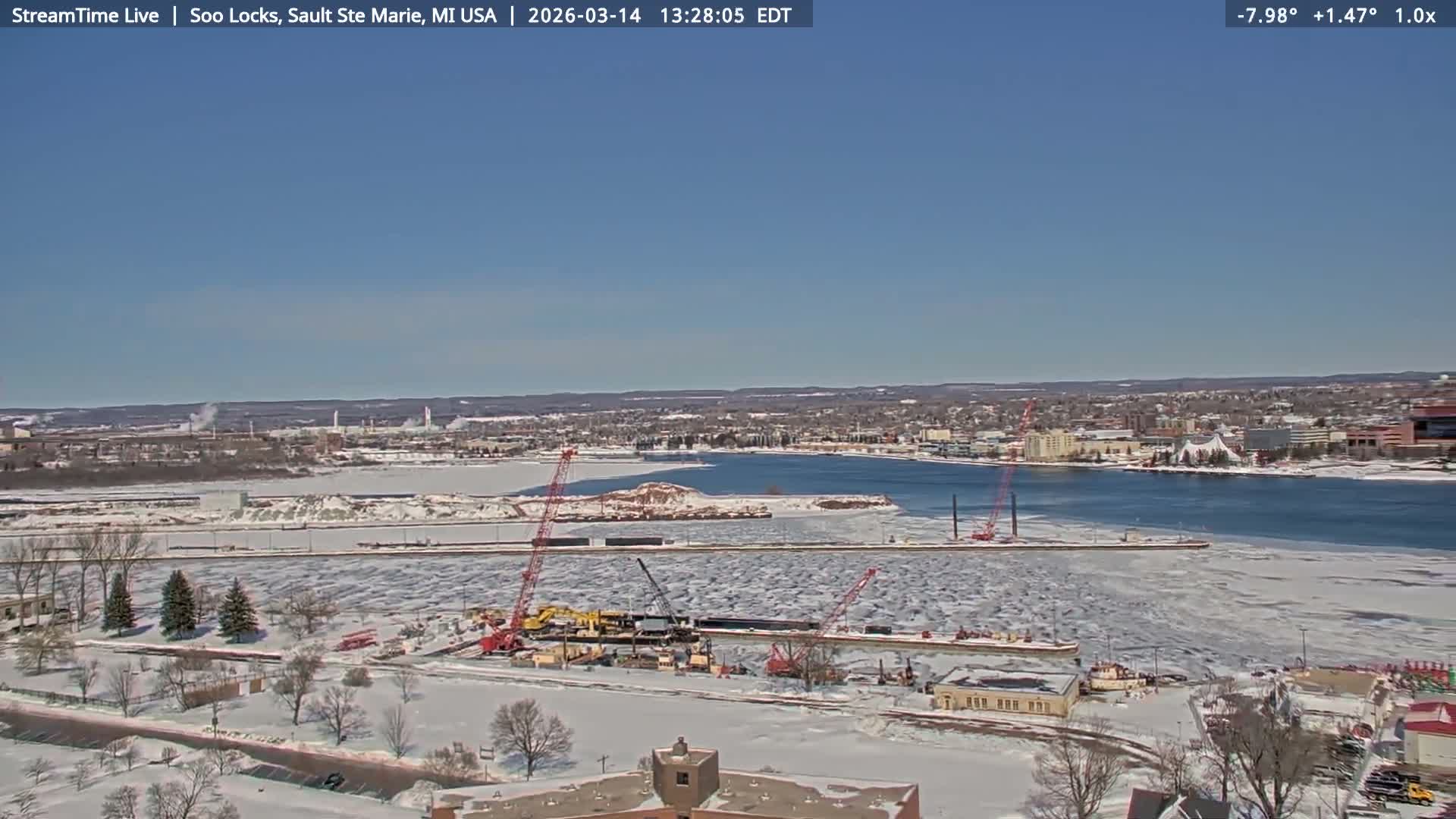USA - Canada Border, Sault Ste. Marie USA / Sault Ste. Marie Canada Cities & St. Marys River Panoramic Live Cam - Sault Ste. Marie, Chippewa, Michigan, USA