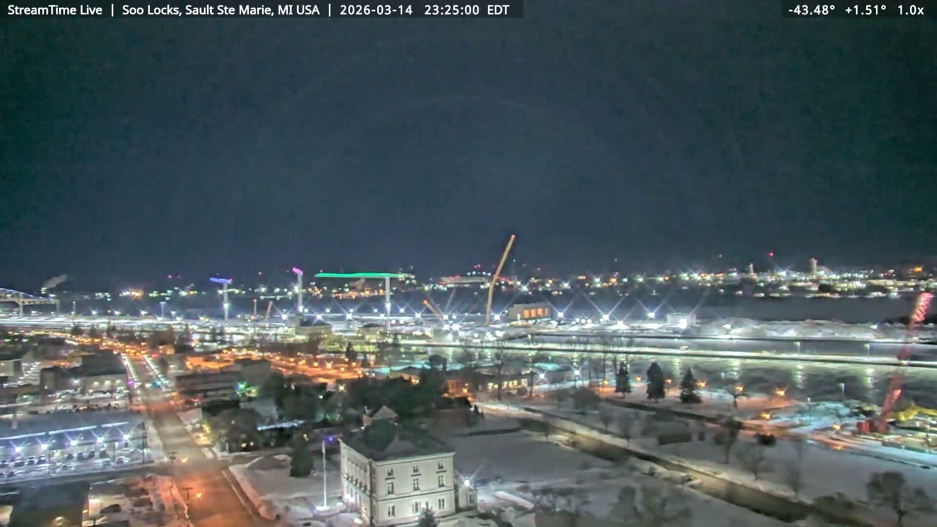 USA - Canada Border, Sault Ste. Marie USA / Sault Ste. Marie Canada Cities & St. Marys River Panoramic Live Cam - Sault Ste. Marie, Chippewa, Michigan, USA