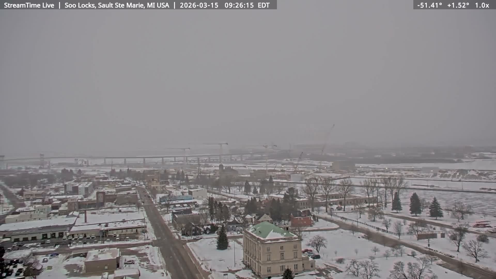 USA - Canada Border, Sault Ste. Marie USA / Sault Ste. Marie Canada Cities & St. Marys River Panoramic Live Cam - Sault Ste. Marie, Chippewa, Michigan, USA