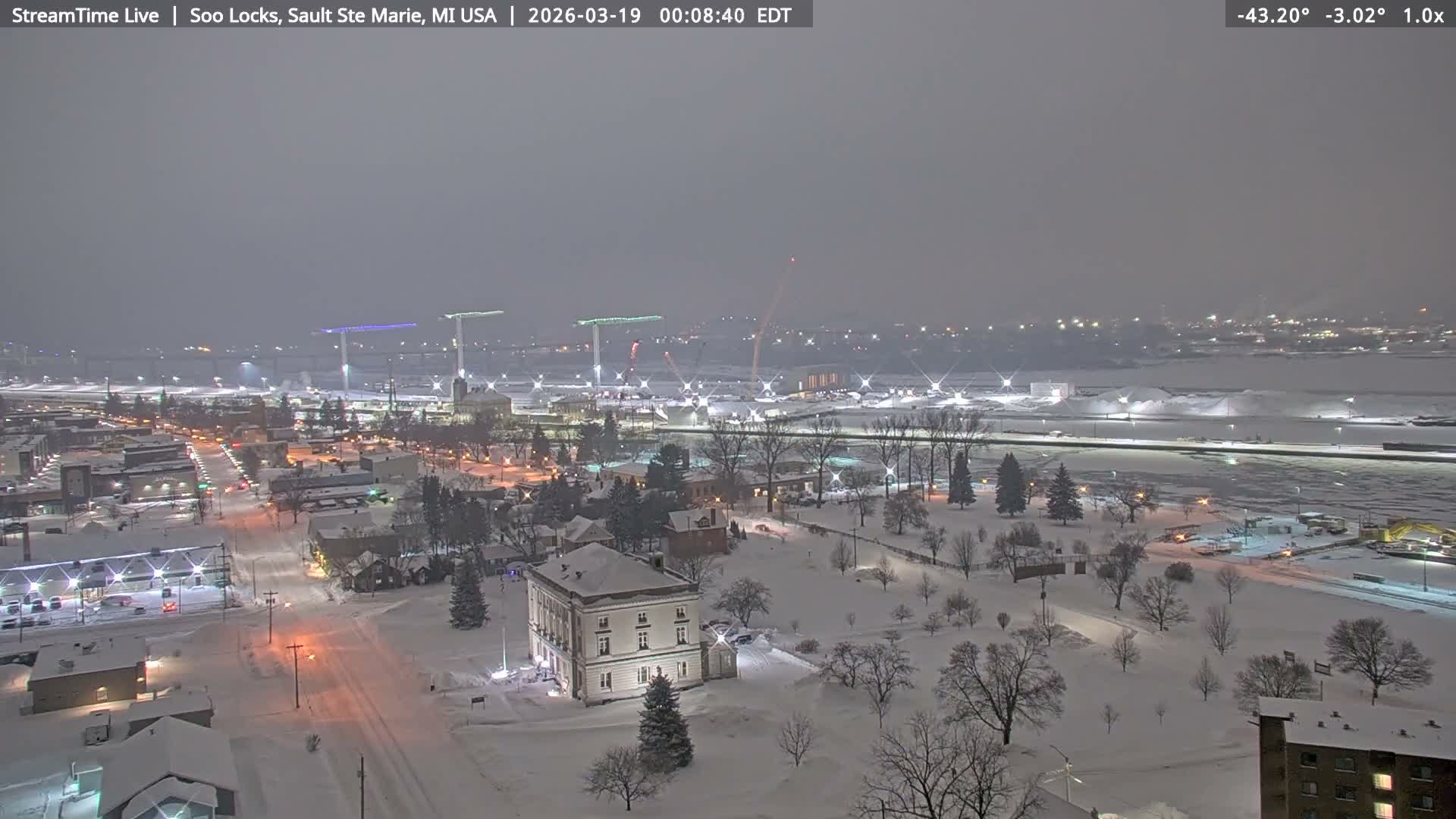 USA - Canada Border, Sault Ste. Marie USA / Sault Ste. Marie Canada Cities & St. Marys River Panoramic Live Cam - Sault Ste. Marie, Chippewa, Michigan, USA