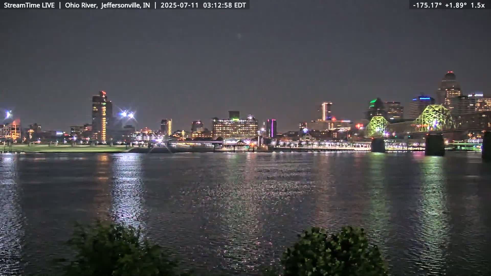 A nighttime view of a city skyline across a calm river, illuminated by lights.