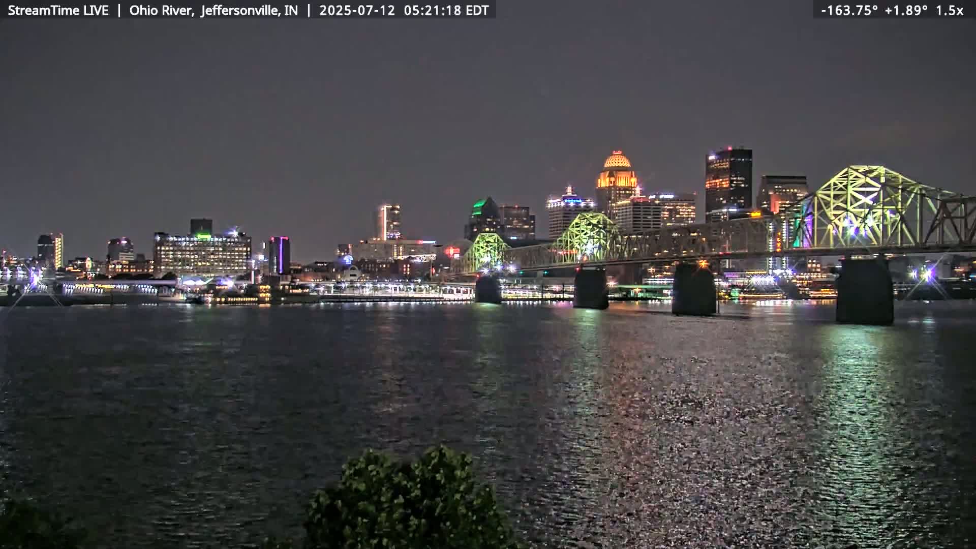 A nighttime view of a city skyline across a calm river, illuminated by lights.
