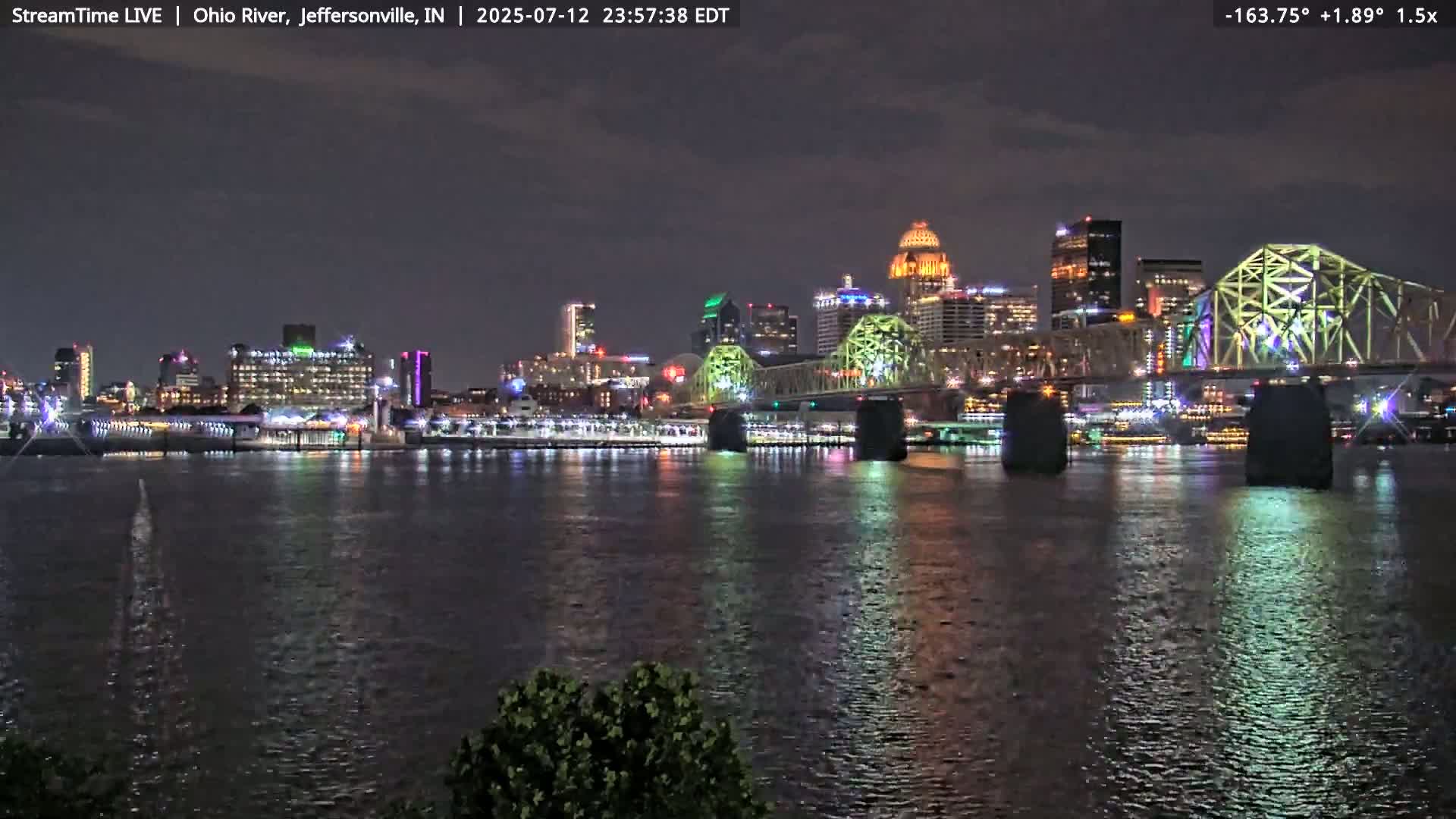 A nighttime view of a city skyline across a calm river, illuminated by lights.