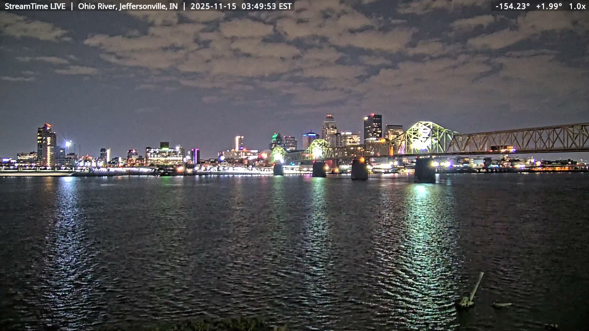 A cloudy night view captures a brightly lit city skyline and a large truss bridge reflecting on the dark, rippling water.