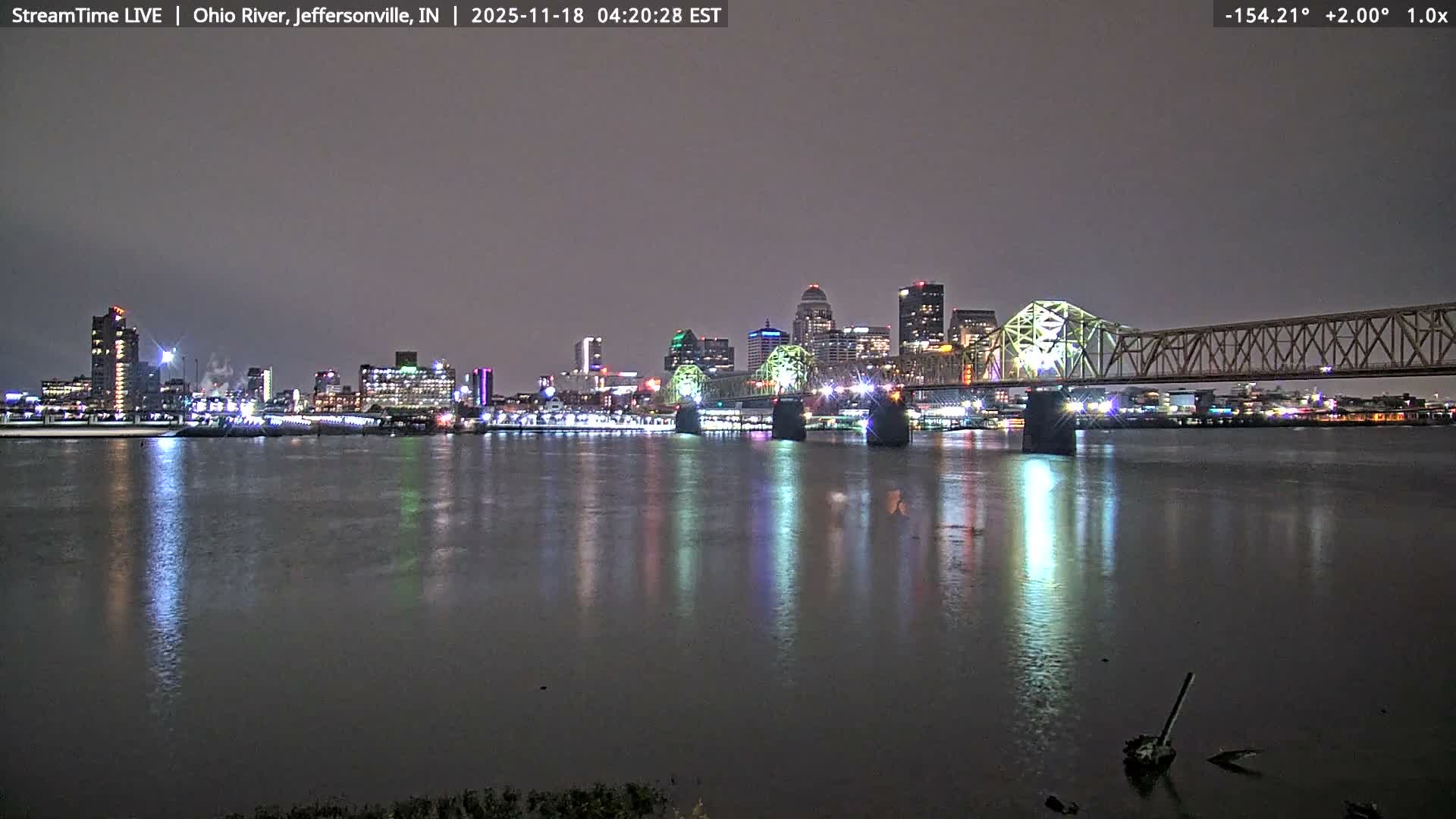 A cloudy night view captures a brightly lit city skyline and a large truss bridge reflecting on the dark, rippling water.
