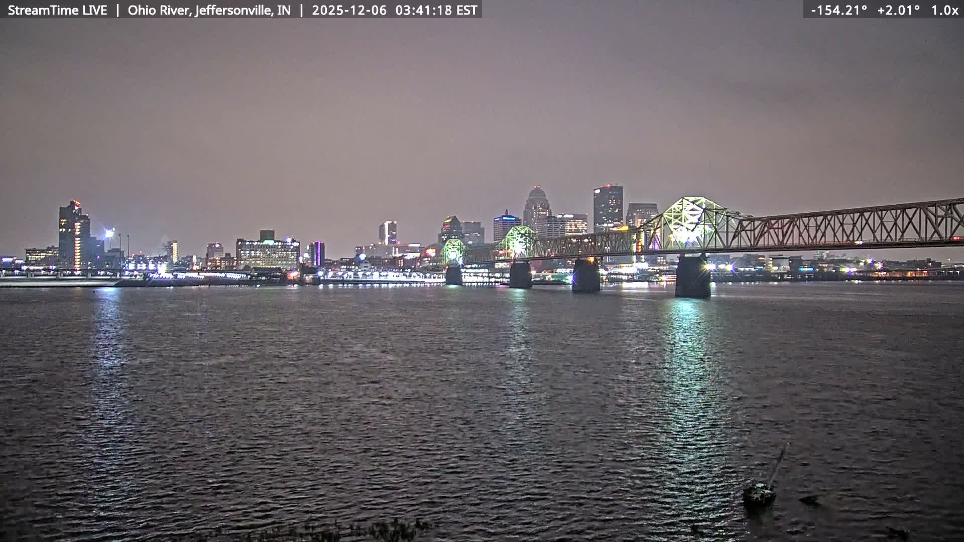 An overcast night view showcases an illuminated city skyline featuring a brightly lit truss bridge spanning a wide river, with the urban lights casting reflections on the water.
