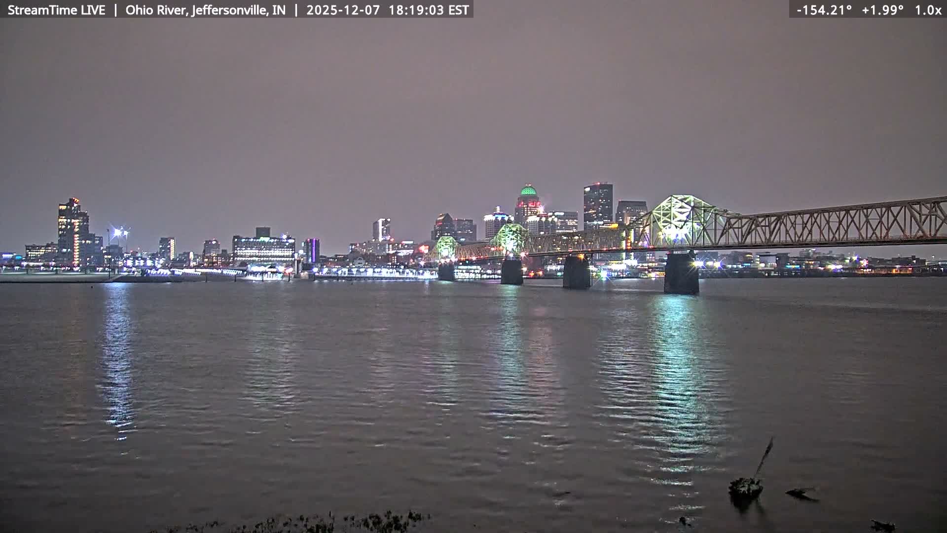 A cloudy nighttime scene reveals a distant city skyline brightly lit with various colored lights and a large illuminated truss bridge spanning a wide river, all reflecting on the dark water.