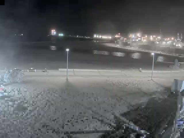 A nighttime view of a dark, calm body of water next to a beach with a few lights visible in the distance.