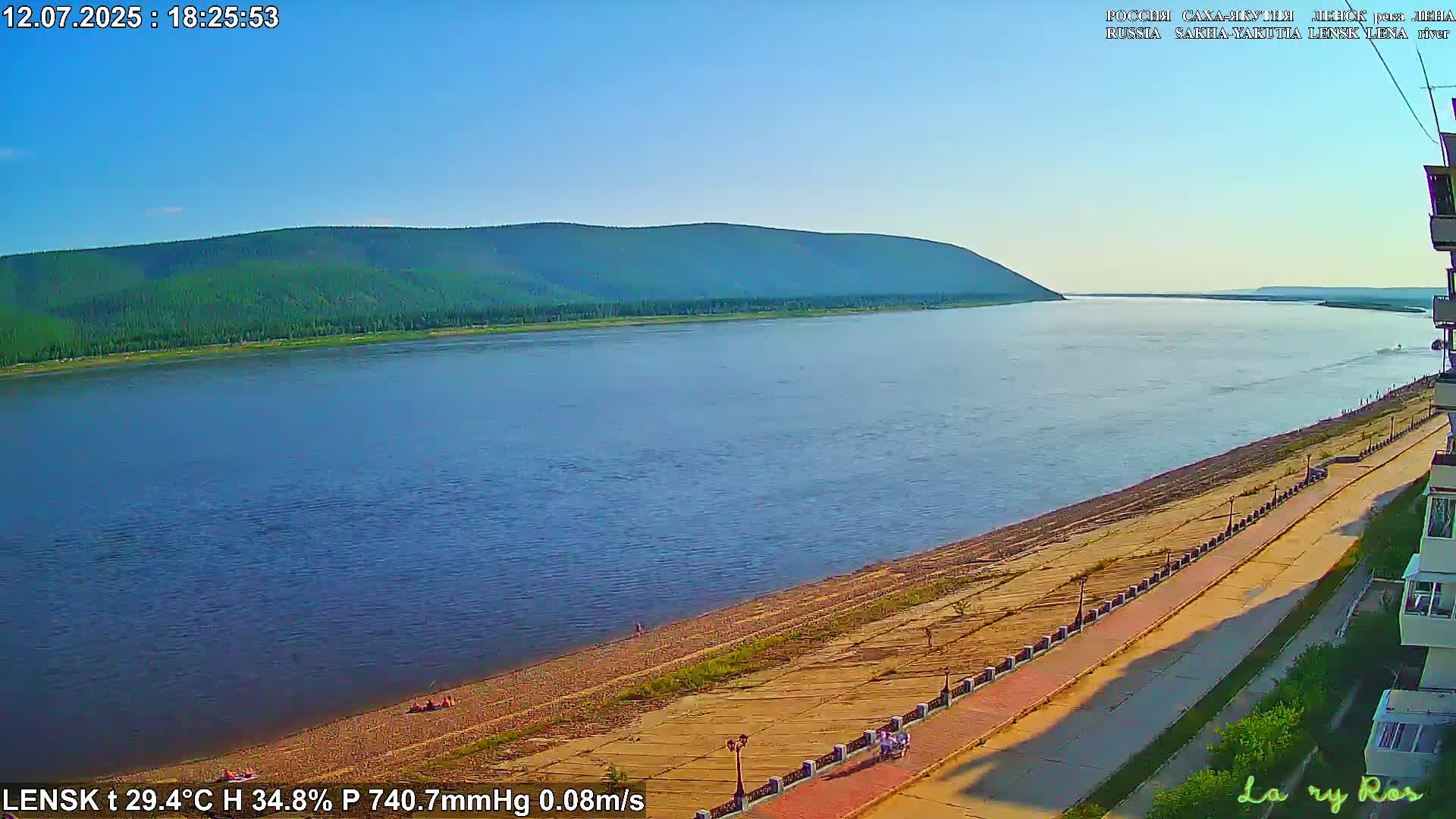 A wide, calm river flows past a sandy shoreline with a paved walkway and buildings under a partly cloudy sky.
