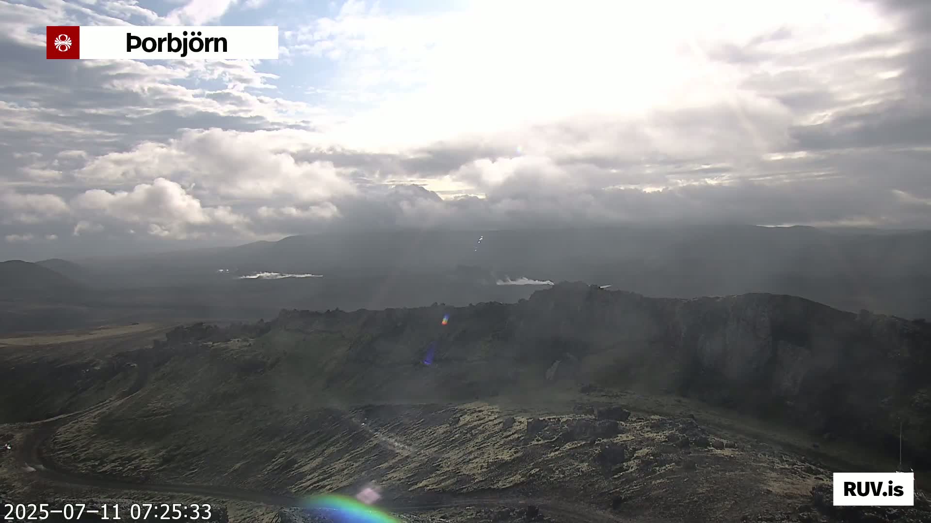 A partly cloudy day reveals a vast, dark volcanic landscape with steam rising in the distance.