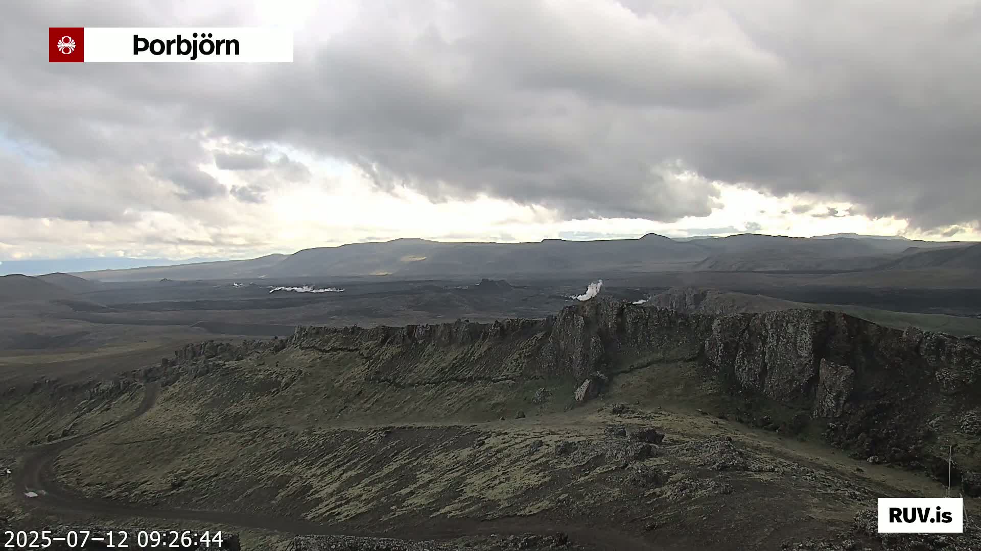 A partly cloudy day reveals a vast, dark volcanic landscape with steam rising in the distance.