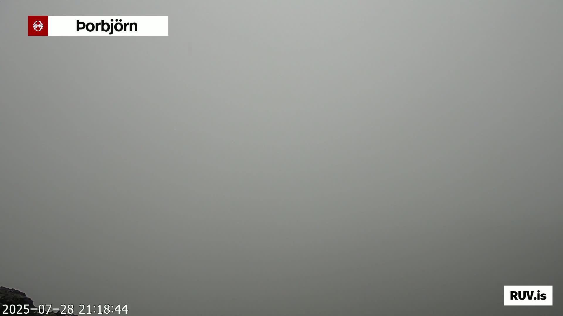 A dense fog obscures the view of an outdoor scene.