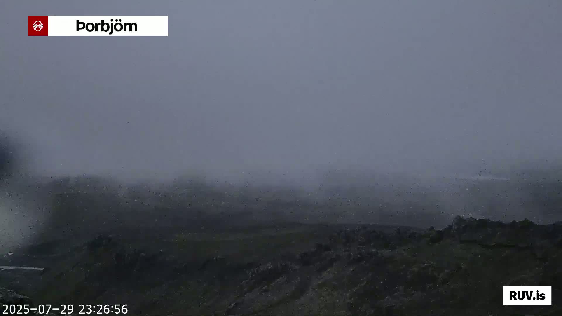 A dense fog obscures the view of an outdoor scene.