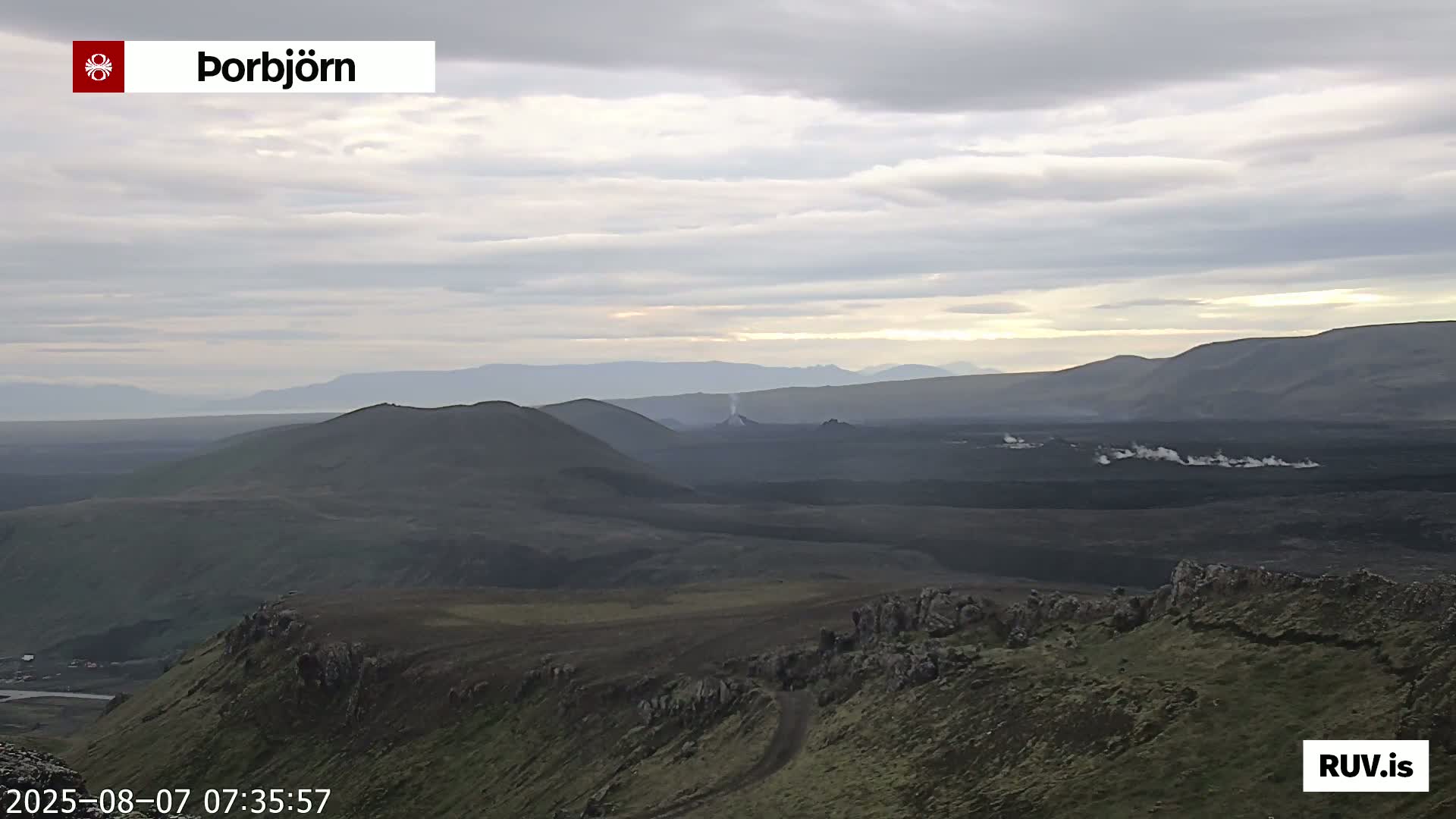 A vast, dark volcanic landscape with steam rising from the distance is visible under a mostly cloudy sky.