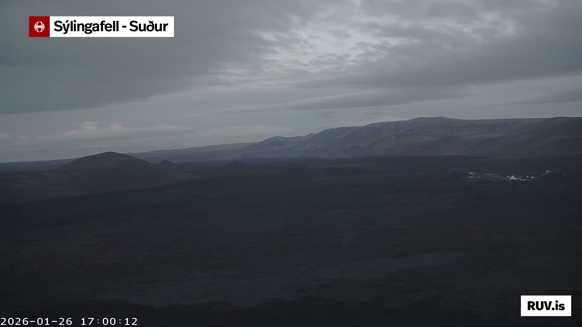 Sýlingarfell Tuya Volcano towards South & Grindavik City Silhouette PTZ Live Cam - Grindavik, Grindavikurbaer (Grindavíkurbær), Southern Peninsula (Suðurnes), Iceland
