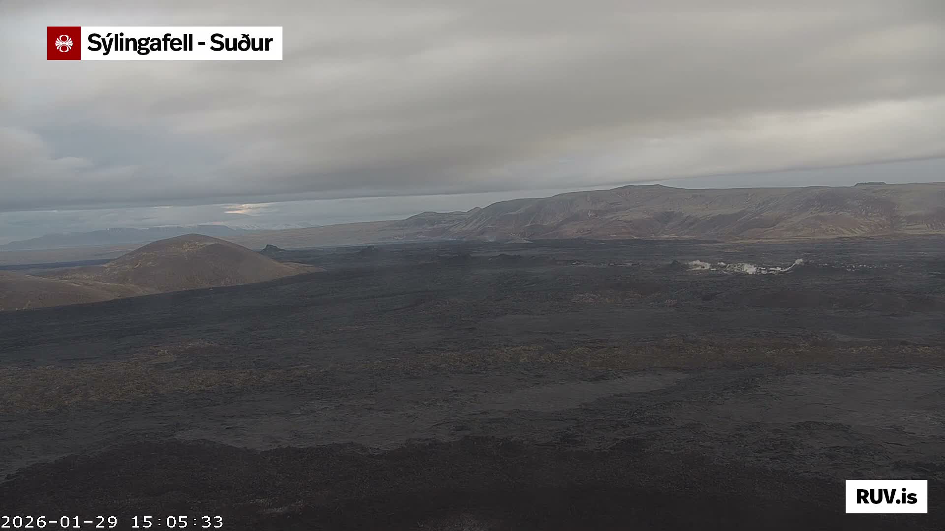 Sýlingarfell Tuya Volcano towards South & Grindavik City Silhouette PTZ Live Cam - Grindavik, Grindavikurbaer (Grindavíkurbær), Southern Peninsula (Suðurnes), Iceland