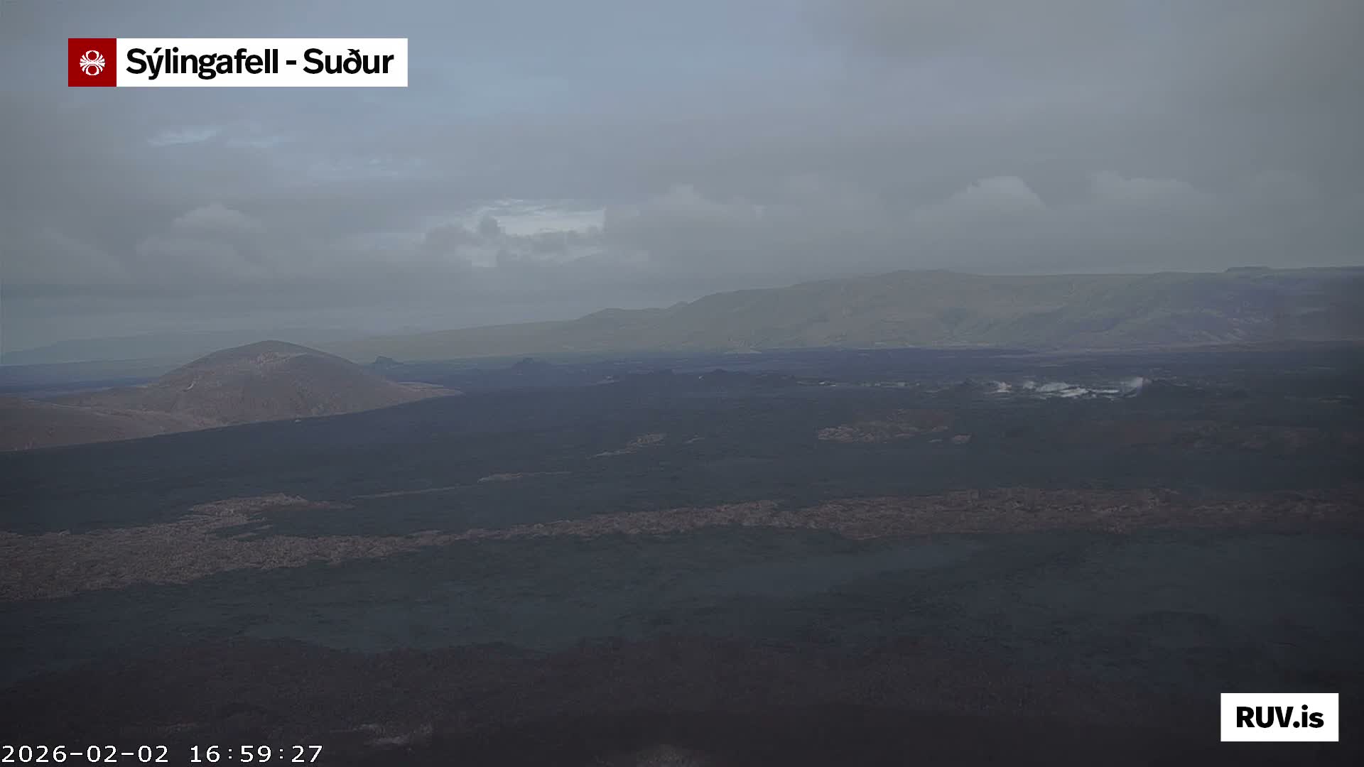 Sýlingarfell Tuya Volcano towards South & Grindavik City Silhouette PTZ Live Cam - Grindavik, Grindavikurbaer (Grindavíkurbær), Southern Peninsula (Suðurnes), Iceland