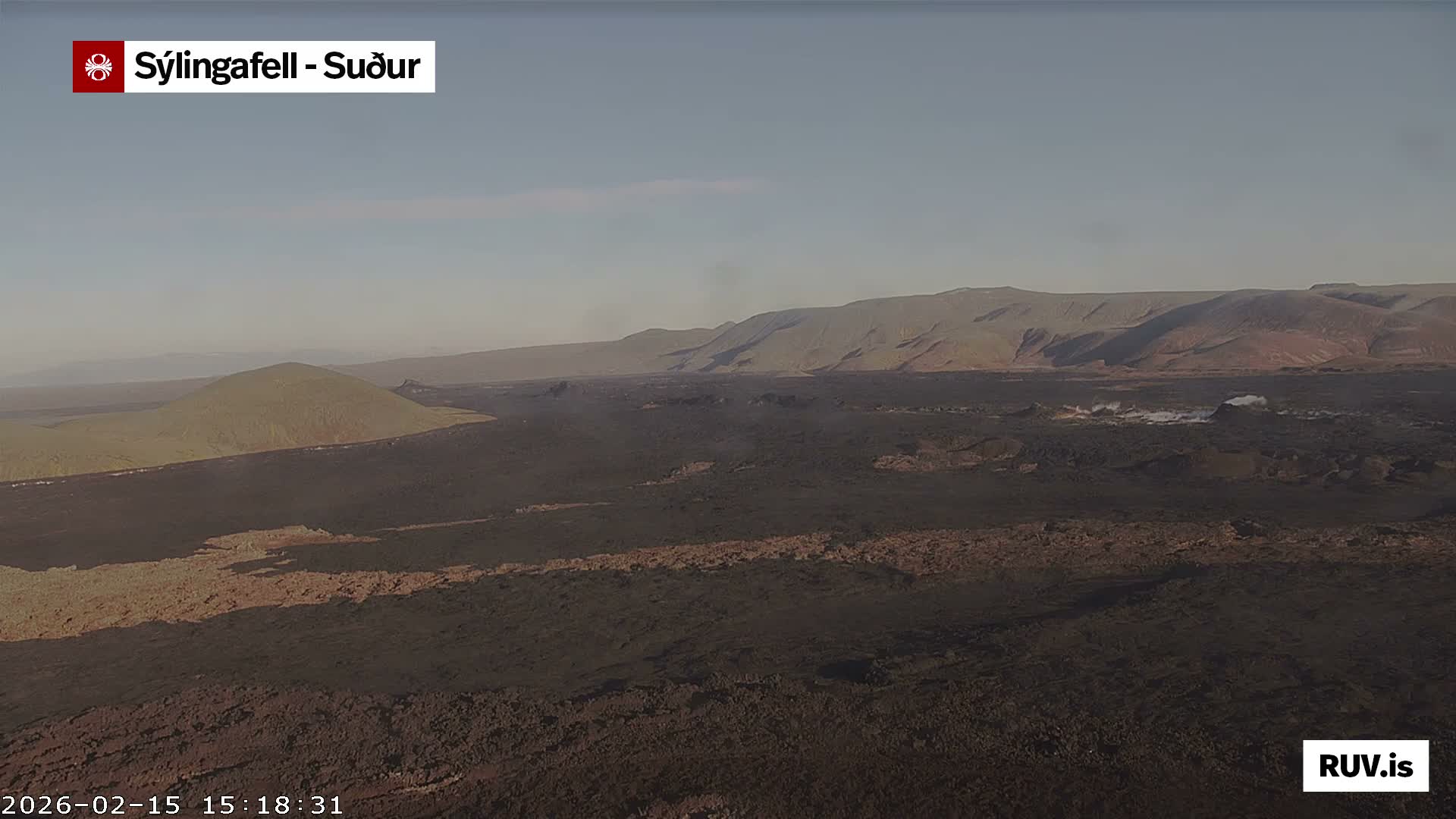 Sýlingarfell Tuya Volcano towards South & Grindavik City Silhouette PTZ Live Cam - Grindavik, Grindavikurbaer (Grindavíkurbær), Southern Peninsula (Suðurnes), Iceland