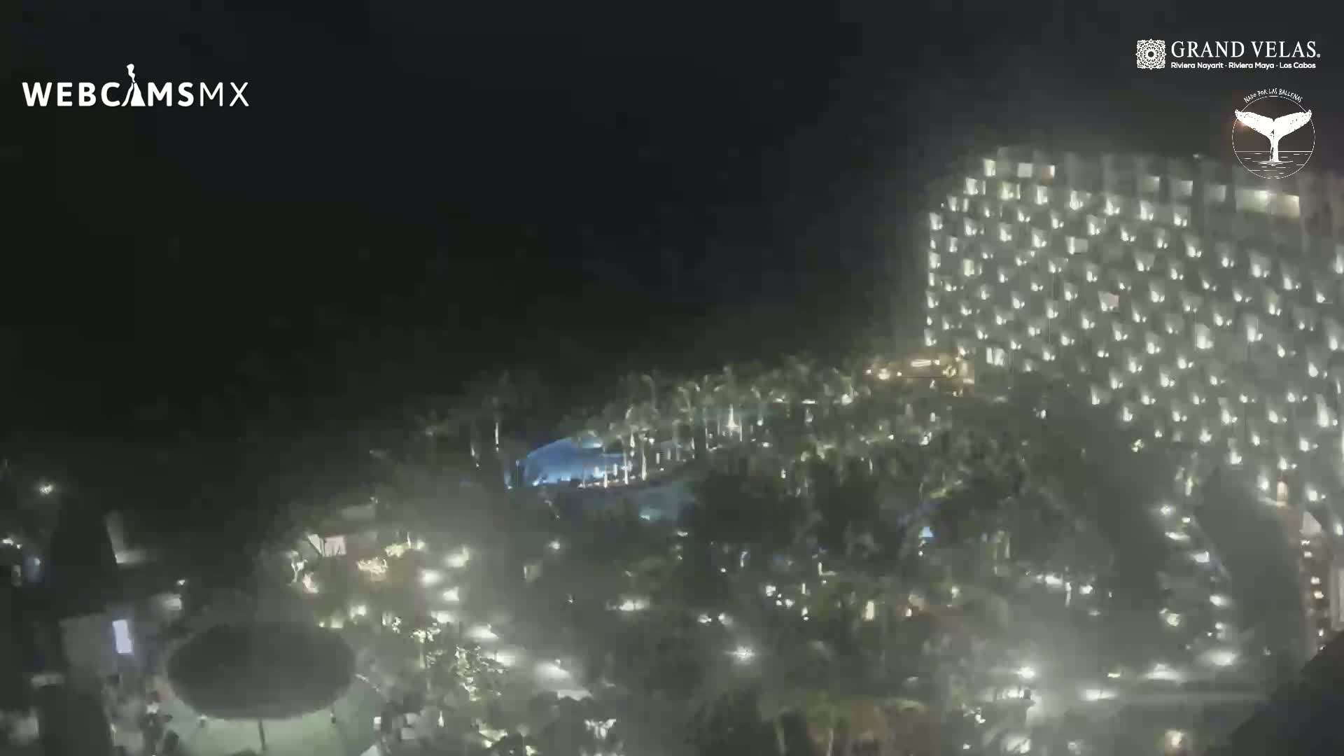 A large, brightly lit hotel at night, surrounded by palm trees and a pool, with a hazy or windy atmosphere.