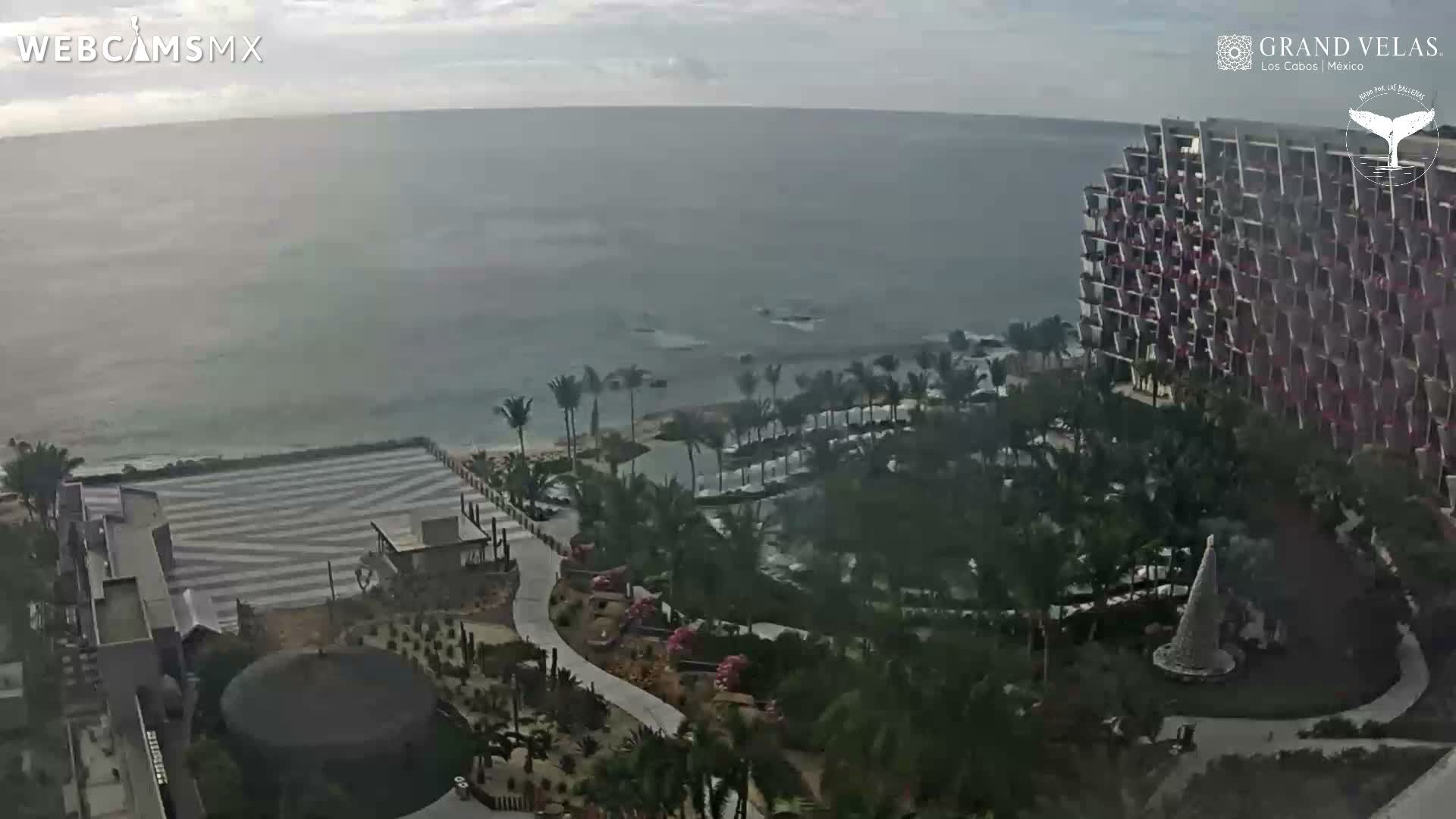 A high-angle view captures a sprawling coastal resort with a large hotel, palm trees, and pools, stretching towards a calm ocean under an overcast sky.