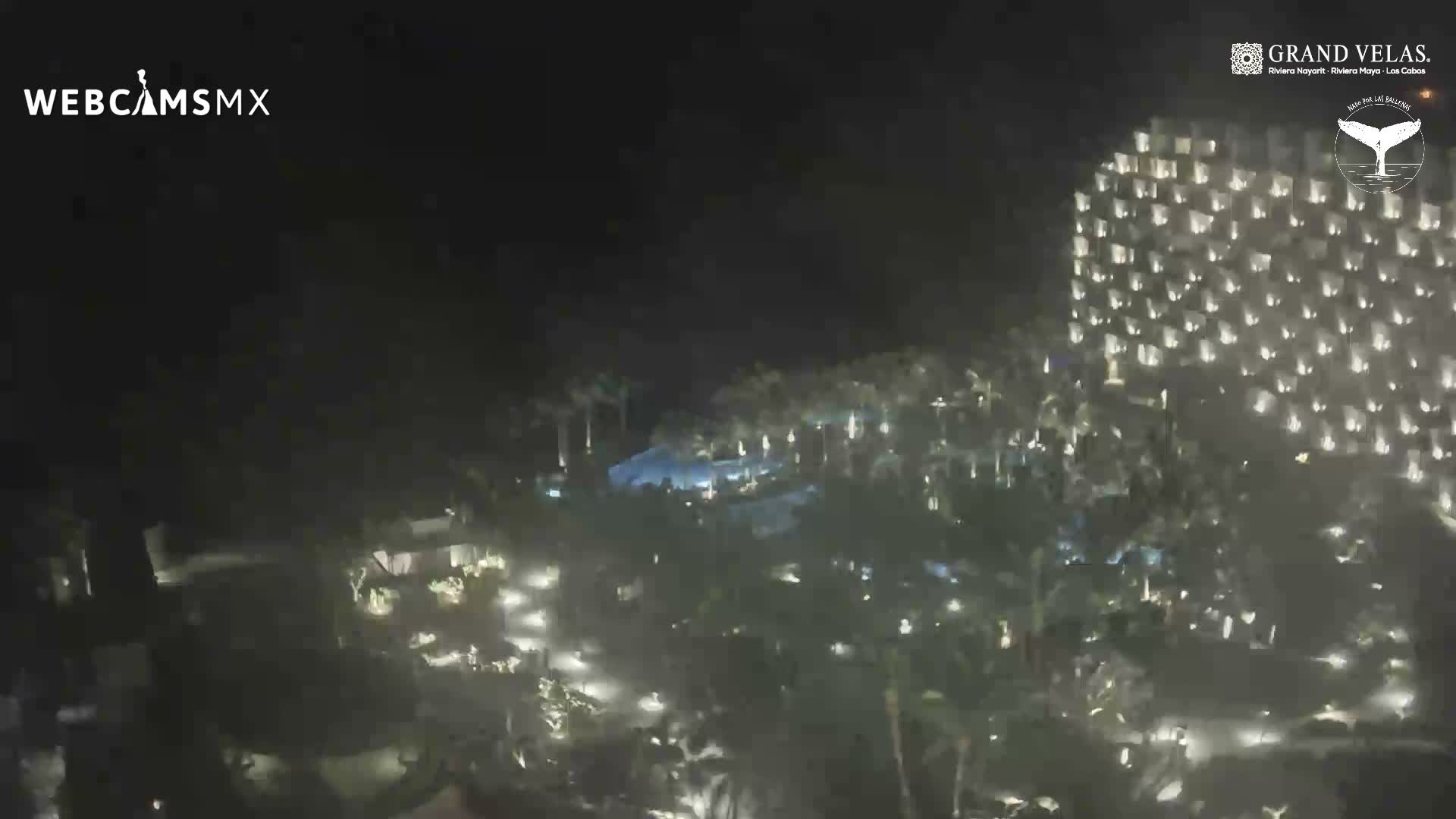A nighttime outdoor scene captures a large building brightly illuminated by countless white lights and a central area with blue lights, all appearing diffused through a misty or hazy atmosphere.