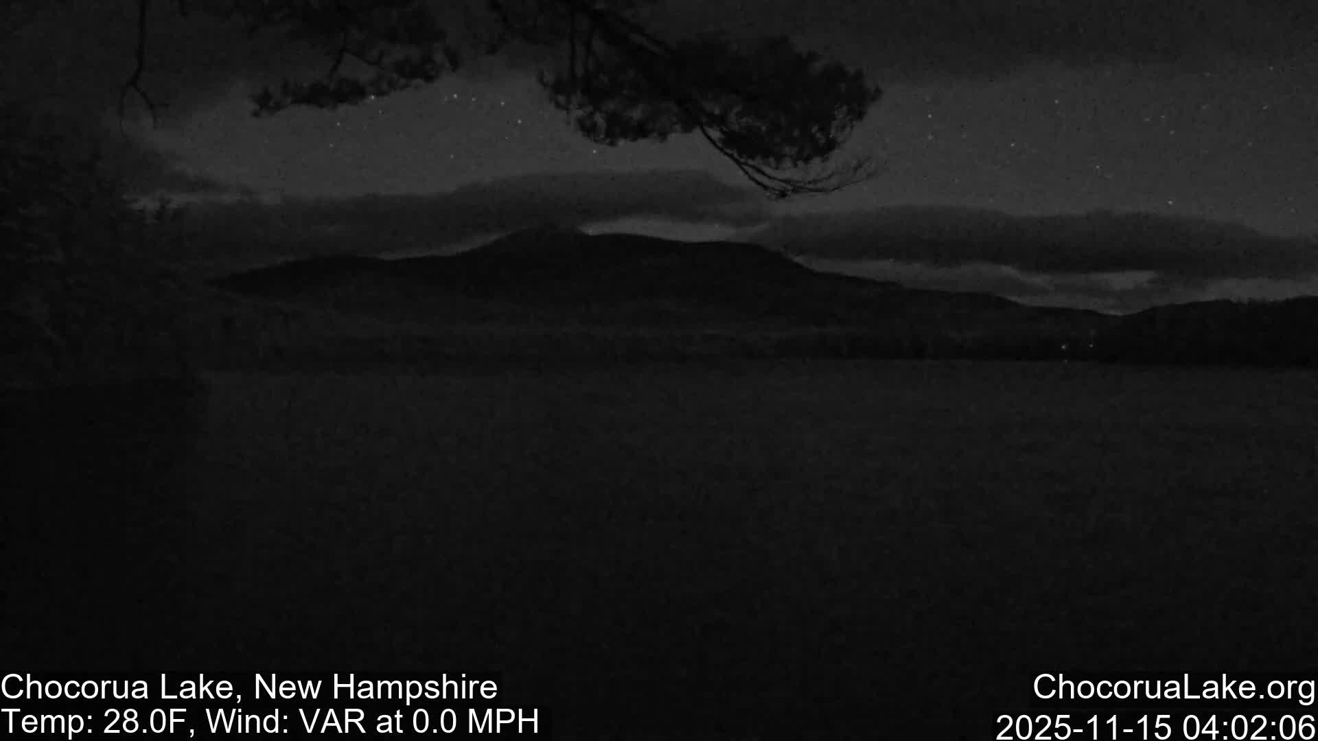 A dark, nighttime landscape features a calm body of water in the foreground, silhouetted mountains in the midground, and a star-speckled sky with scattered clouds, with a tree branch hanging from the upper left.