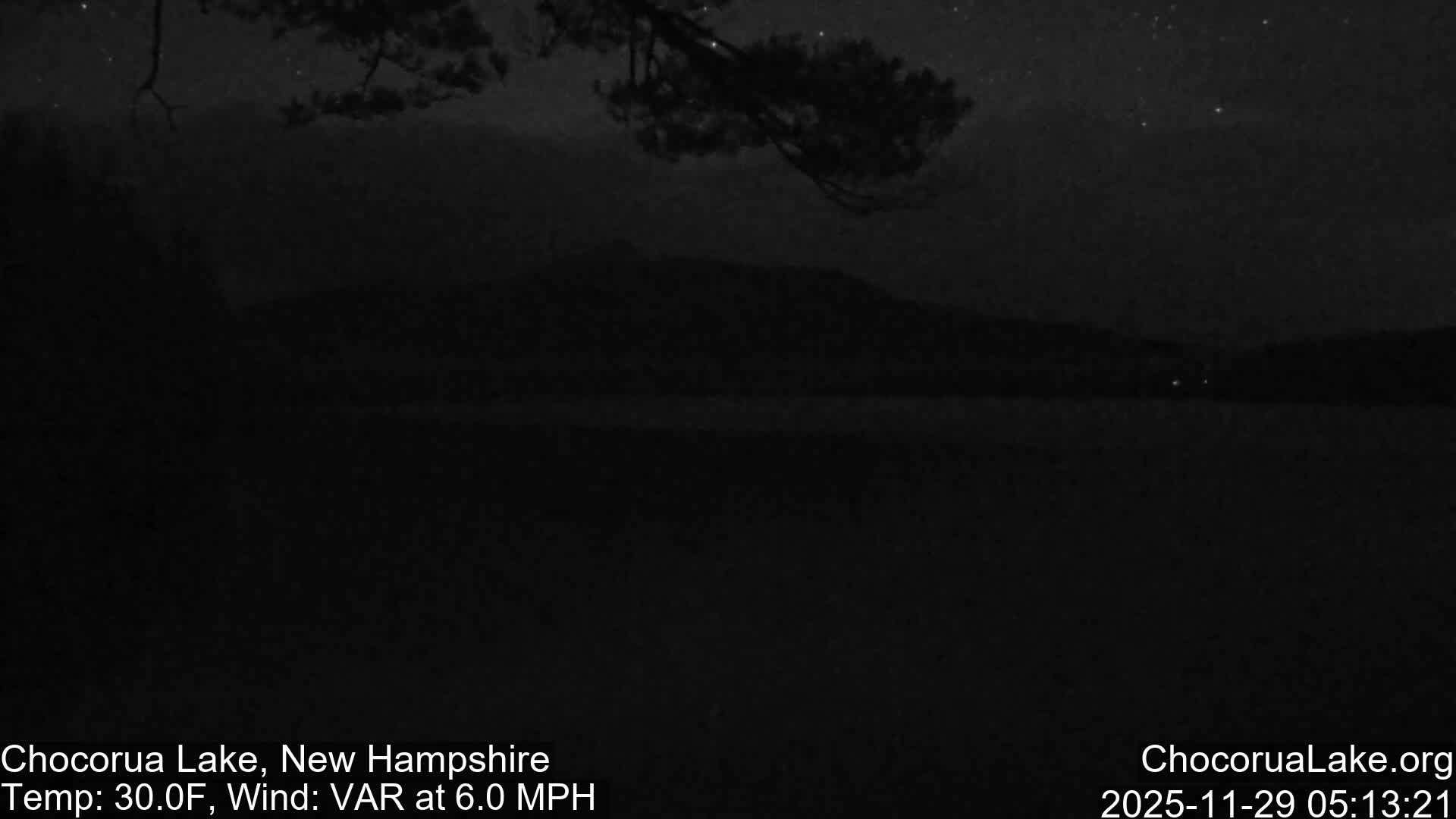 A dark, nighttime landscape shot reveals a clear, starry sky above a silhouetted tree branch, a wide body of water, distant hills, and a few faint lights on the far shore.