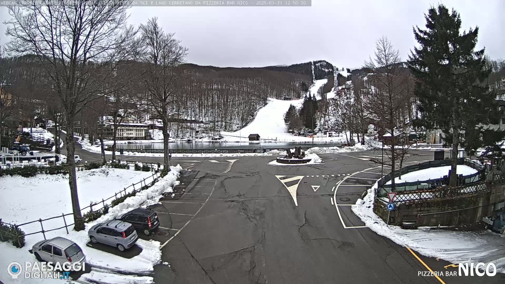A snow-covered parking lot with several cars and a view of a ski slope and a frozen lake in the background, under an overcast sky.