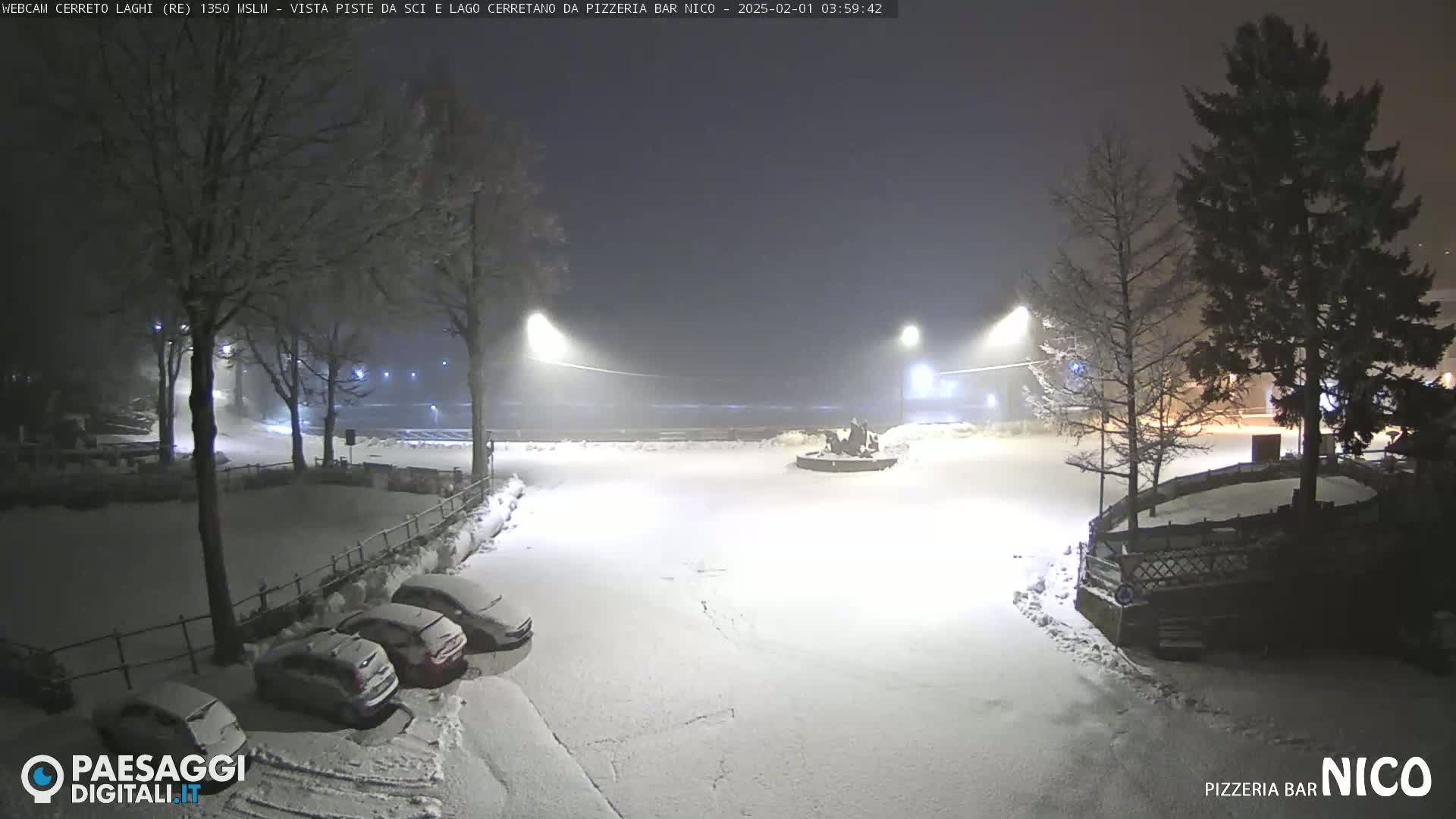 A snow-covered parking lot and plaza are illuminated by streetlights at night, with several cars parked and trees dusted with snow.
