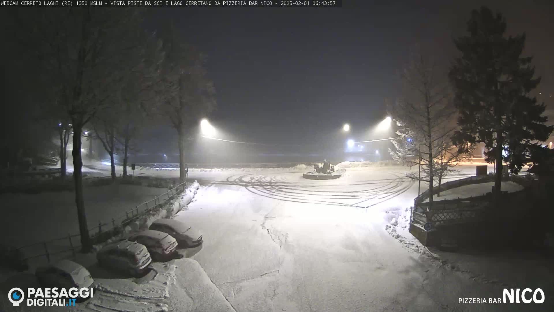 A snow-covered parking lot at night, illuminated by streetlights, shows tire tracks in the snow and several cars parked near some trees.