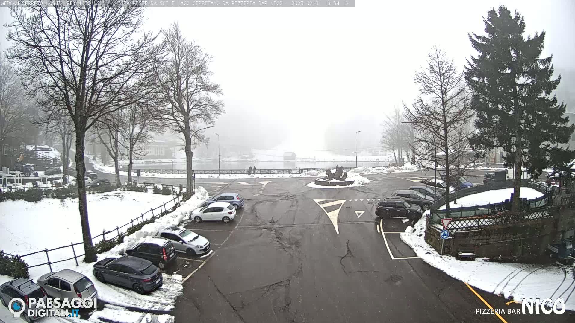 A snow-covered parking lot with cars and bare trees in a foggy setting.