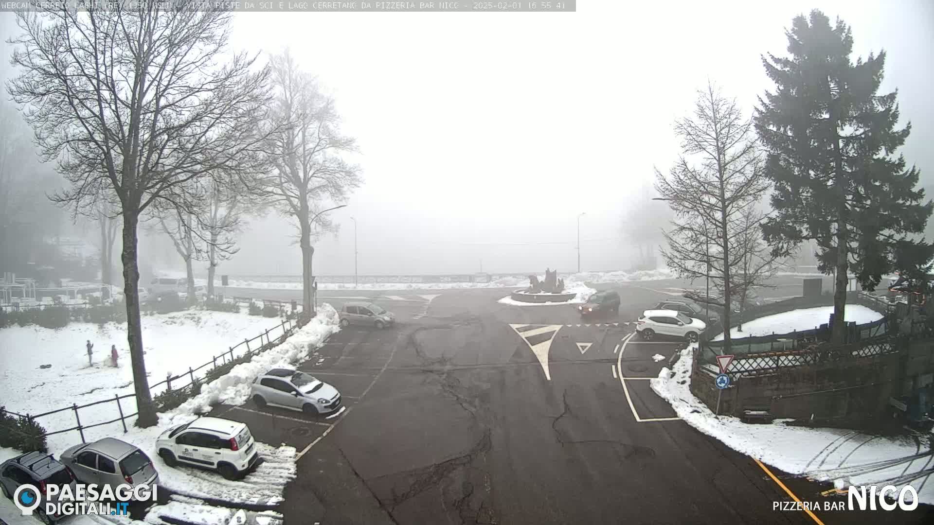 A foggy parking lot with several cars, snow on the ground, and bare trees in the background.