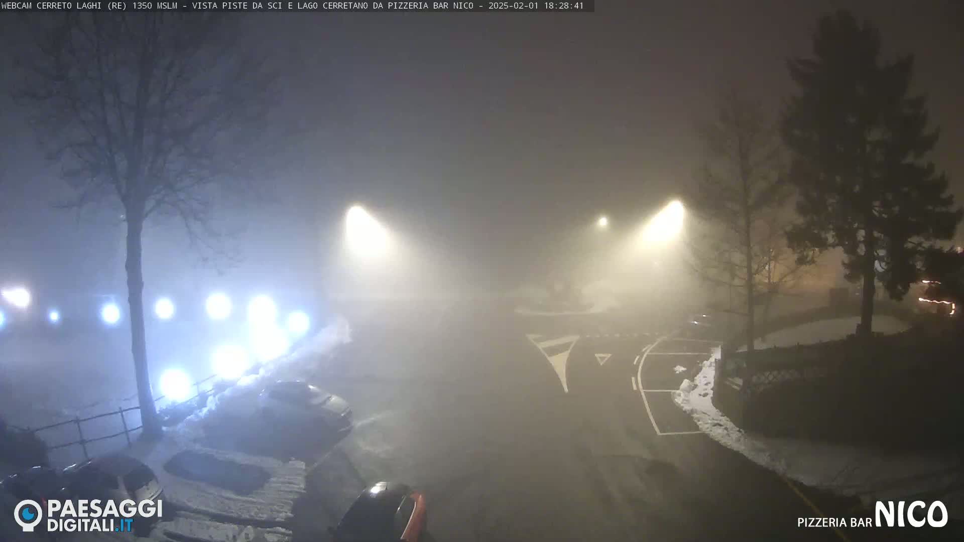 A foggy night scene shows a parking lot and roadway with several parked cars illuminated by streetlights, some snow is visible on the ground.