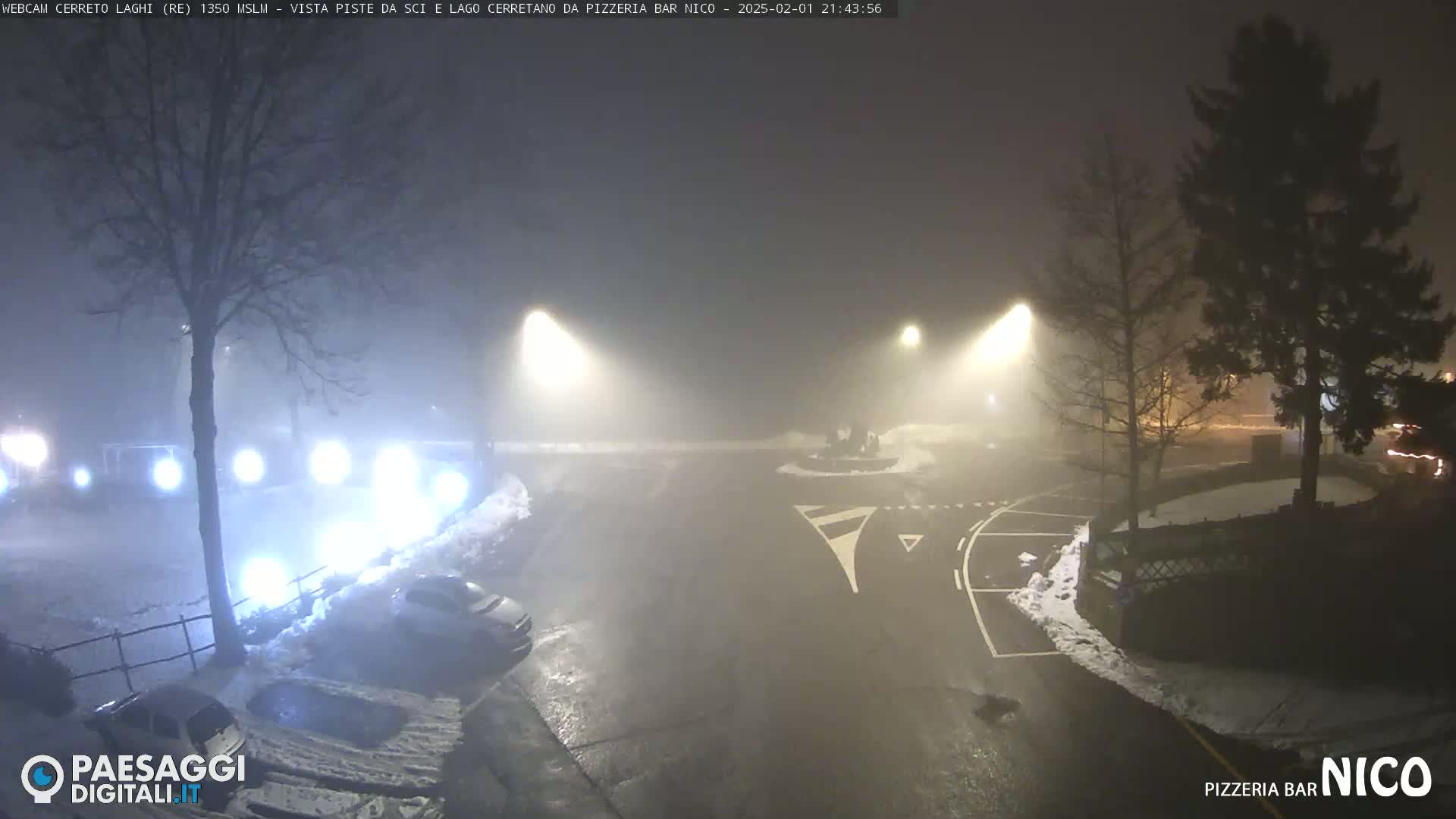 A foggy night scene shows a parking lot with cars, streetlights, and trees, some snow is visible on the ground.