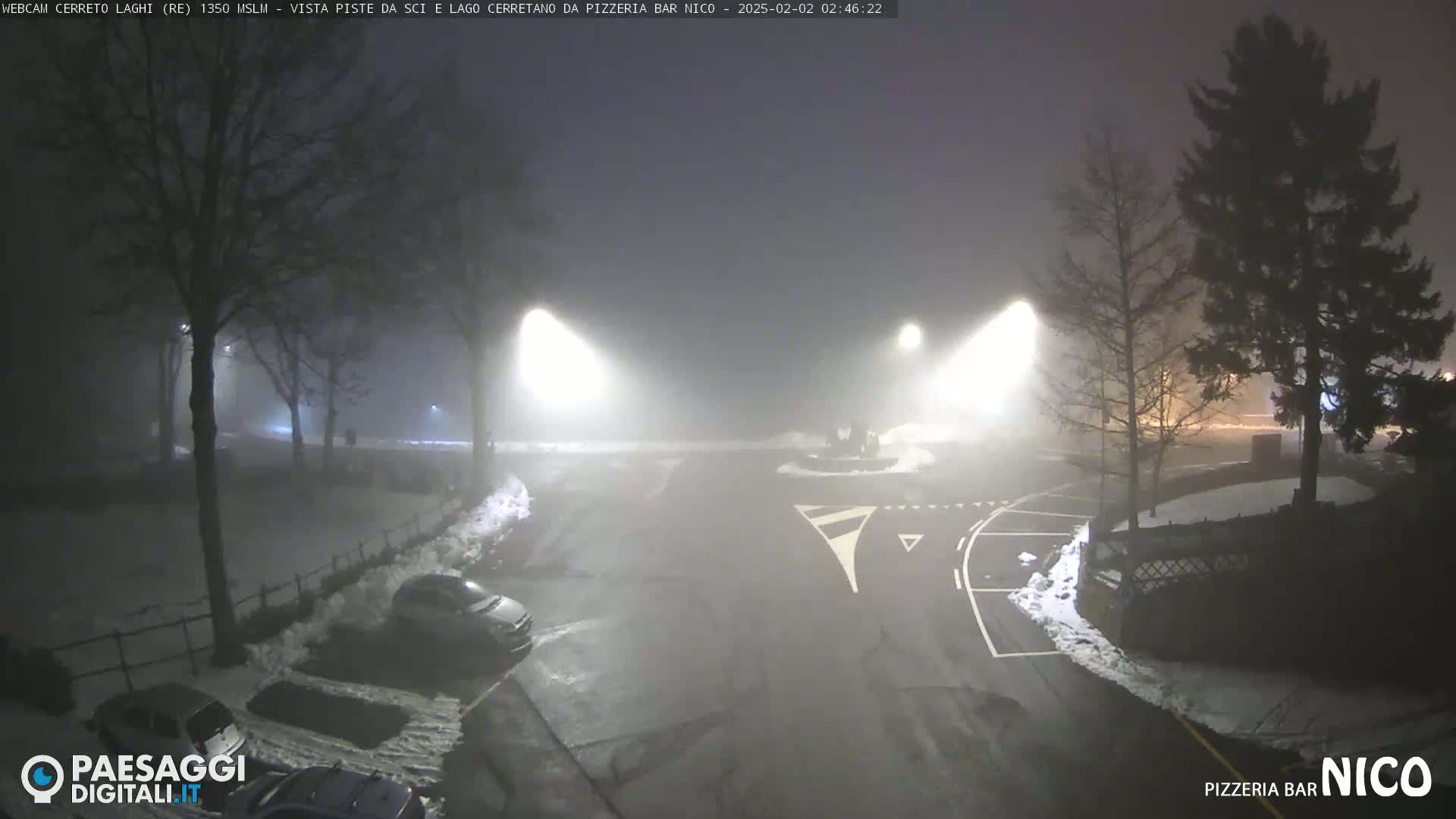 A foggy, nighttime scene shows a snow-covered parking lot with cars, trees, and streetlights.