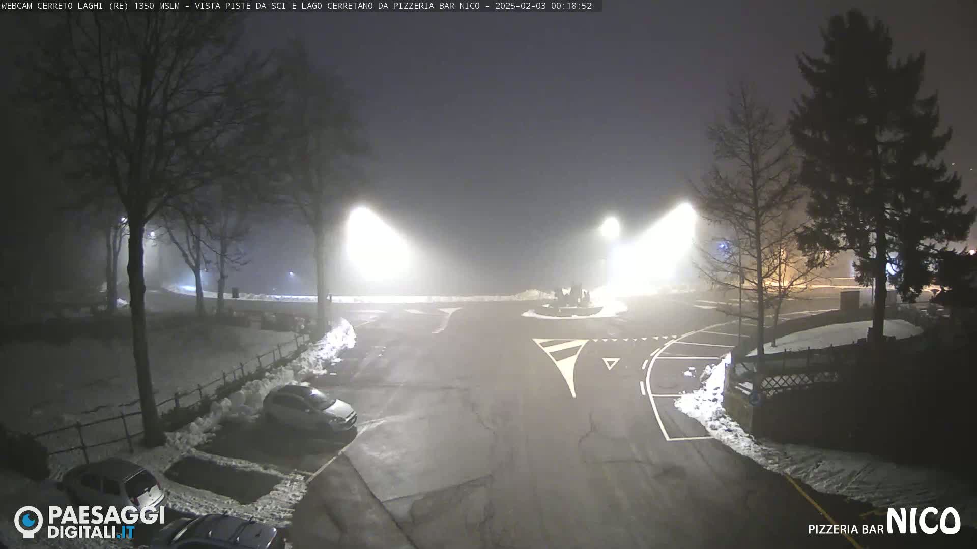 A foggy night scene shows a parking lot with a few cars, illuminated by streetlights, with some snow visible on the ground and trees in the background.