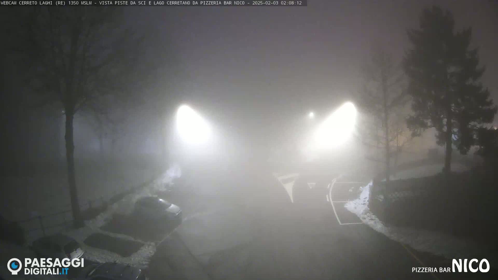 A foggy night scene shows a parking lot with several cars, illuminated by bright lights, and trees partially obscured by the fog.