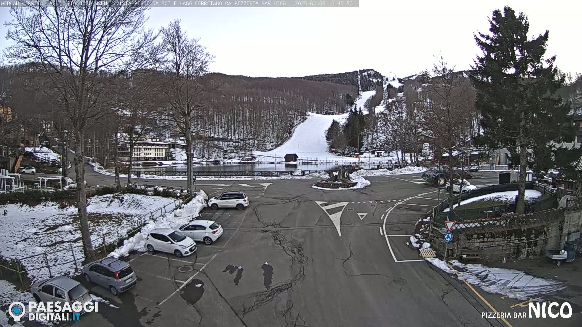A parking lot with several cars, surrounded by snow-covered ground and trees, overlooks a snow-covered ski slope on a partly cloudy day.