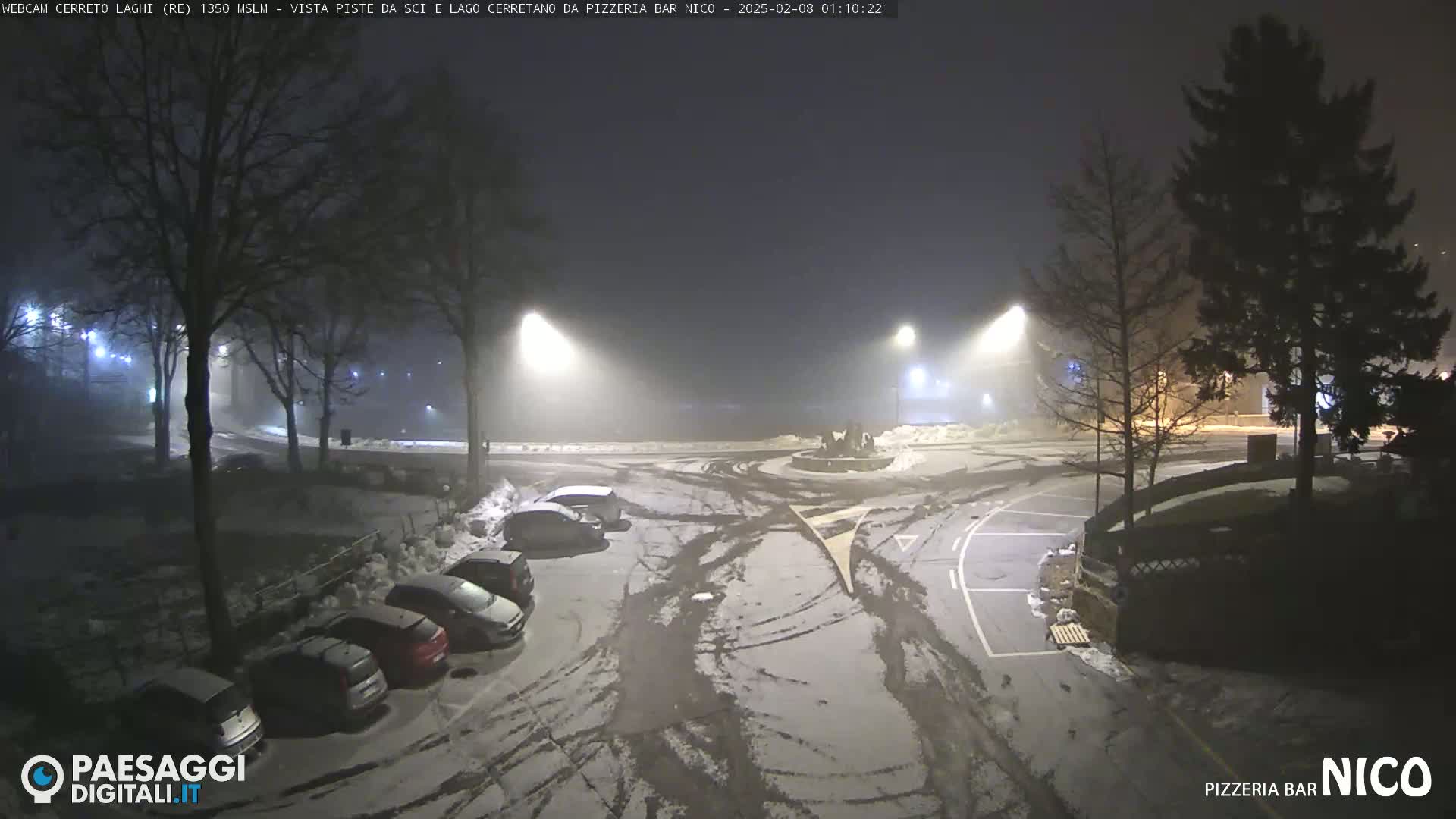 A snow-covered parking lot with several cars parked, illuminated by streetlights in foggy nighttime conditions.
