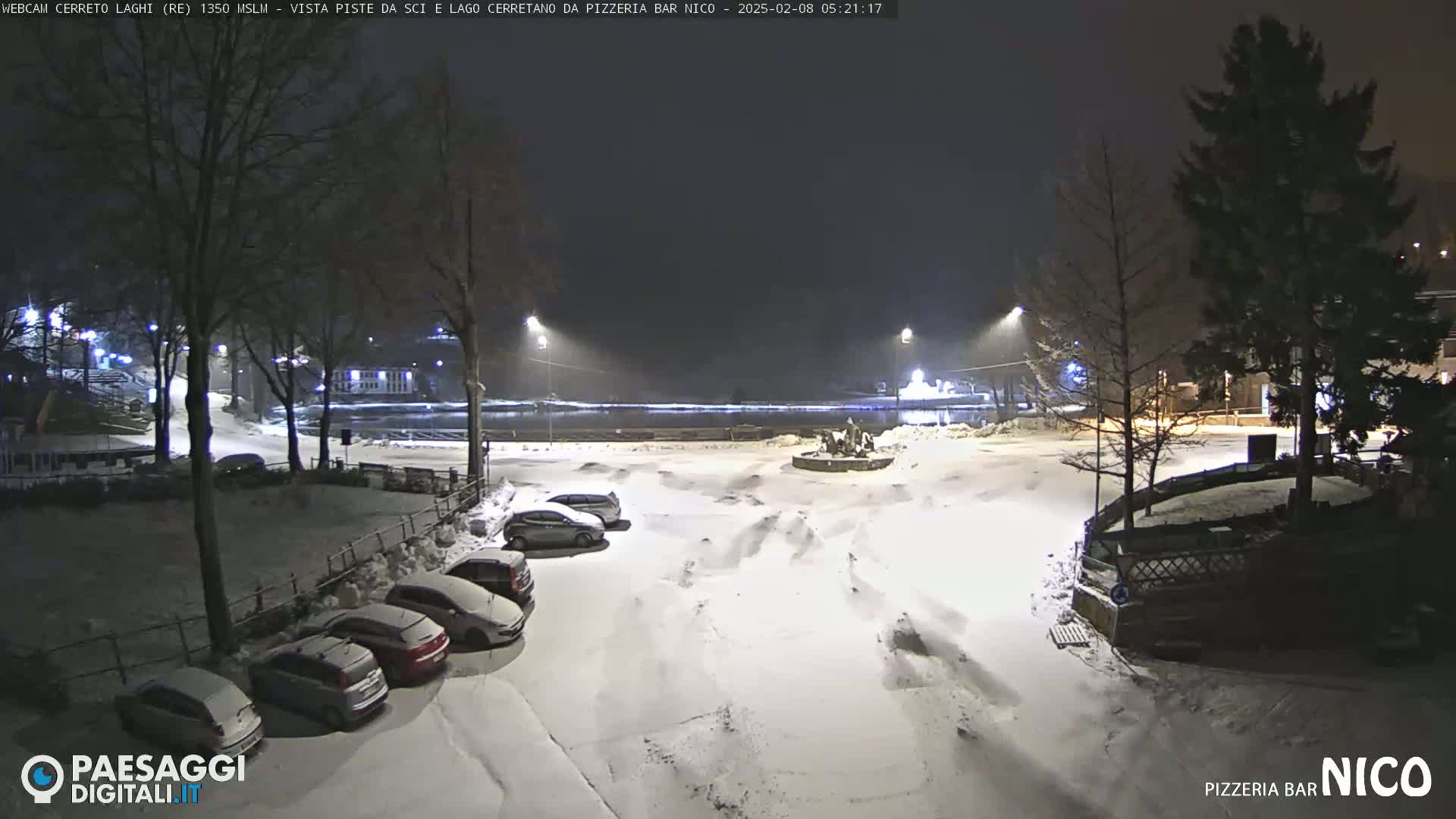 A snow-covered parking lot at night, with several cars parked and streetlights illuminating the scene.