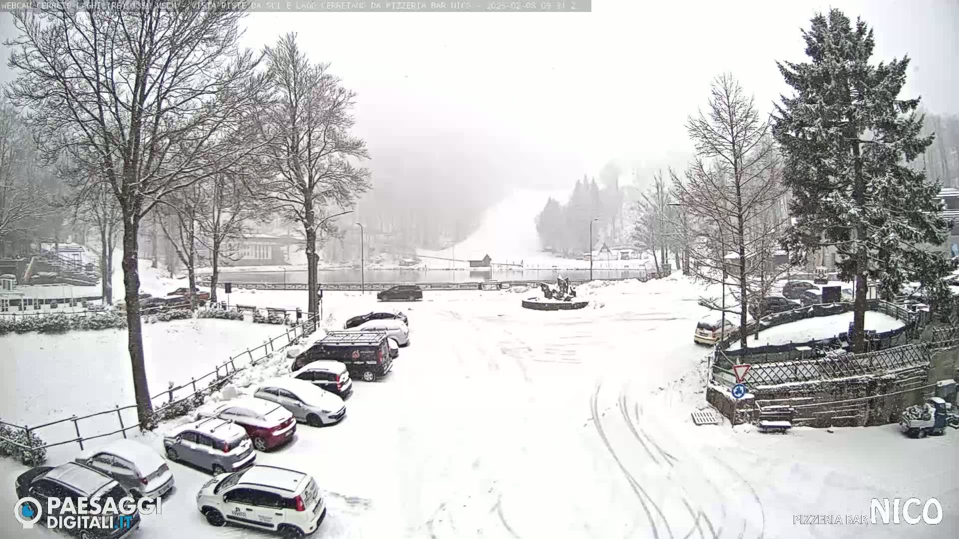 A snow-covered parking lot with several cars and snow-laden trees surrounding a body of water in the background, under heavy snowfall.